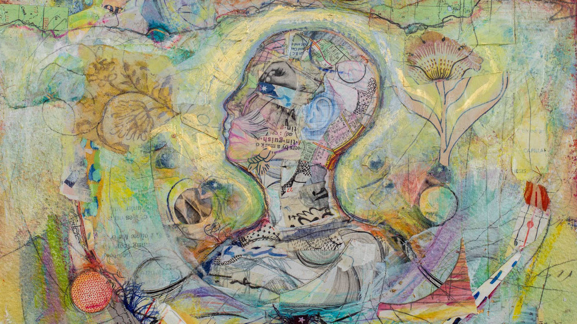 A multimedia art piece of a silhouetted profiled bald head and shoulders. Sketches, collages and text make up the entire piece.