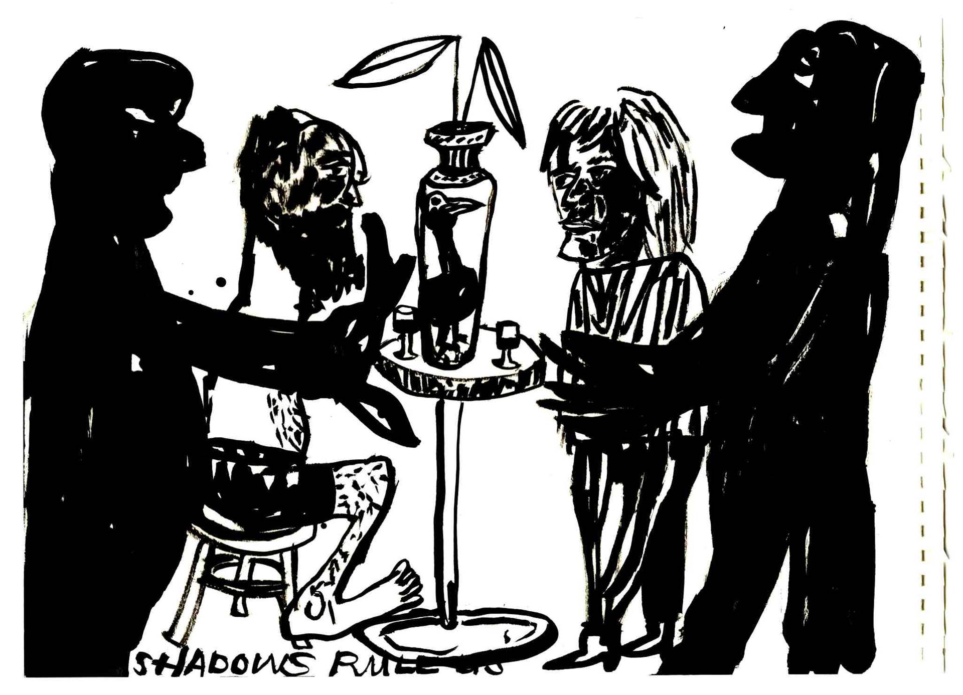 A black and white sketch of four people areound a table with a vase.