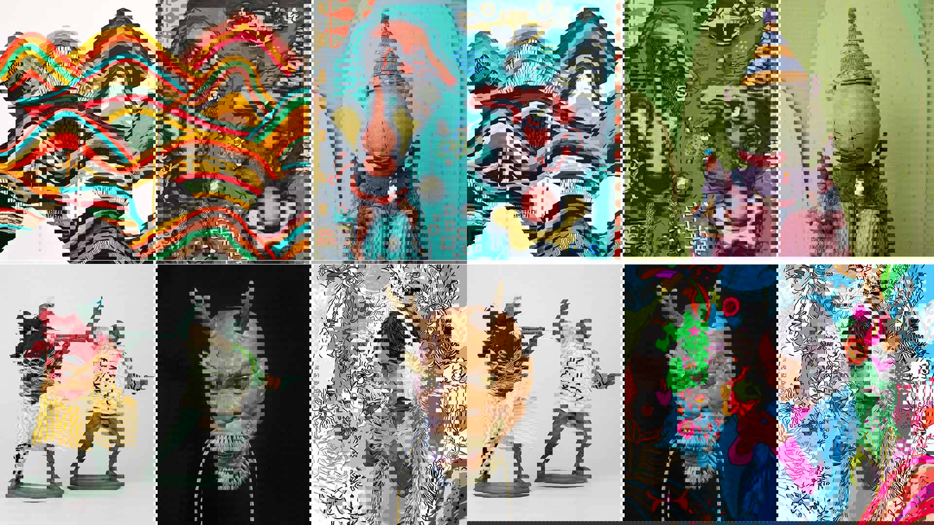 A six-photo grid collage of artwork. Colorful abstract paintings, ceramic sculptures, digital renderings, etc.
