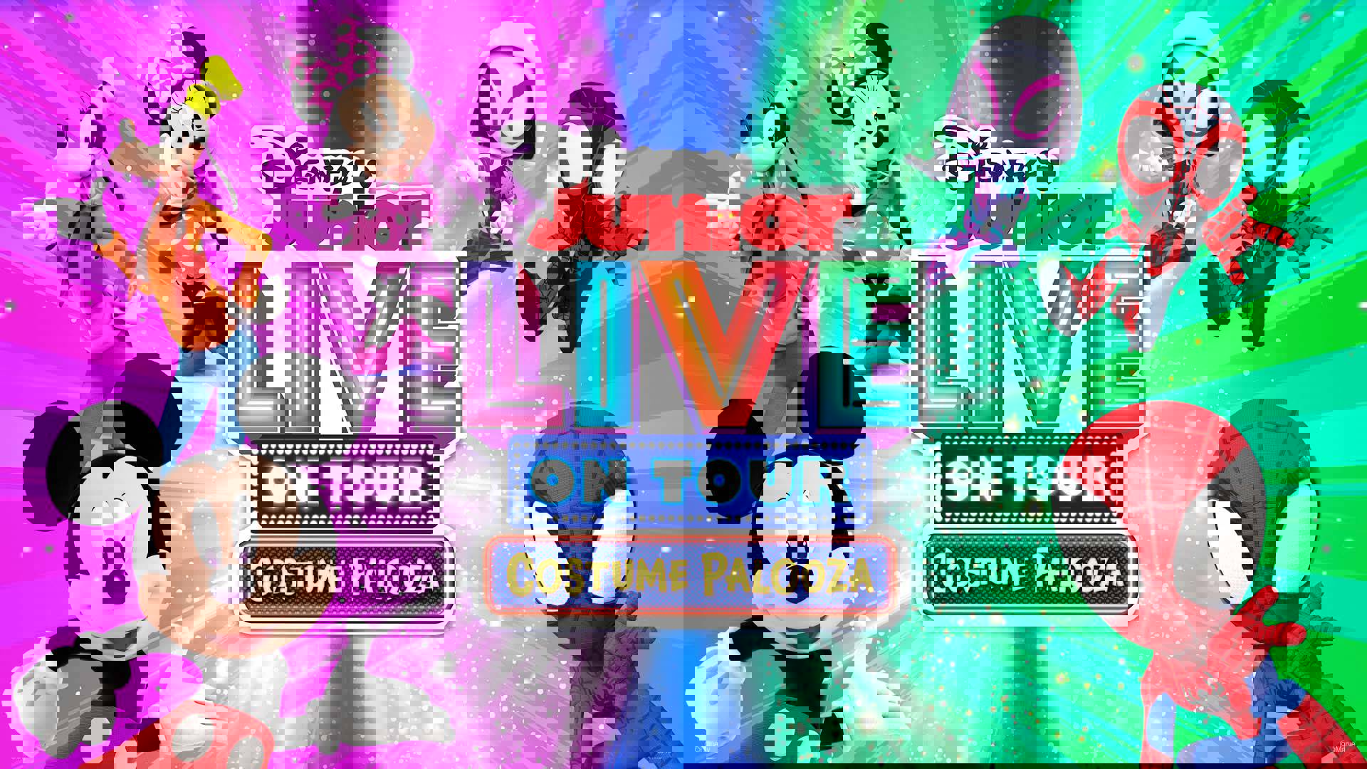 Mickey Mouse, Goofy, Minnie, and three Marvel Super Hero Characters pose on a bright magenta, blue and green background. At the center of the image a fun vertical title reads: "Disney Junior Live On Tour Costume Palooza"