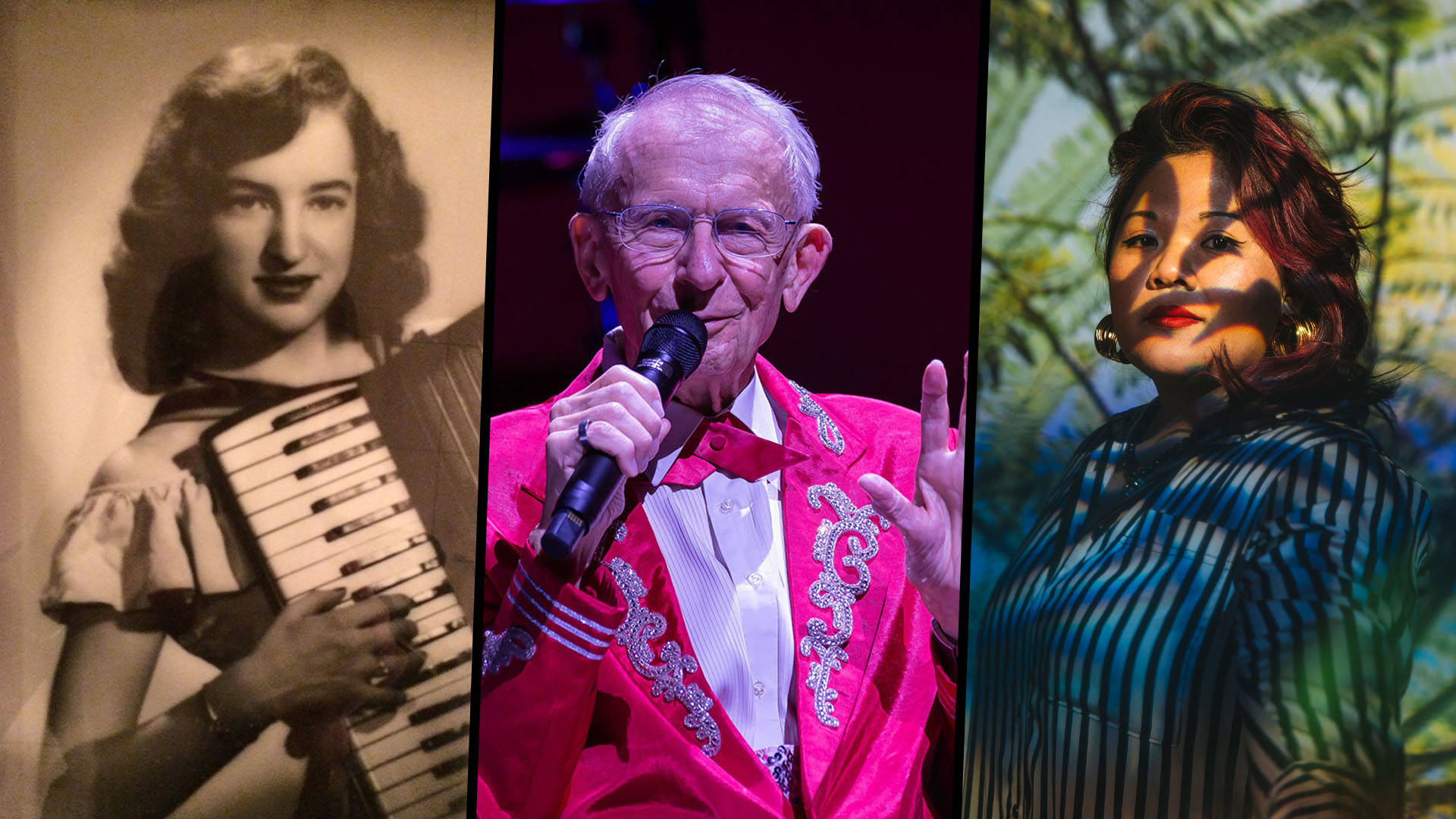 A side-by-side collage of three images, one of a black and white image of a woman holding an accordion, an older white man in a pink suit singing into a microphone and a woman with medium complexion in a blue blouse and gold earrings with palm leaves projected on her face.