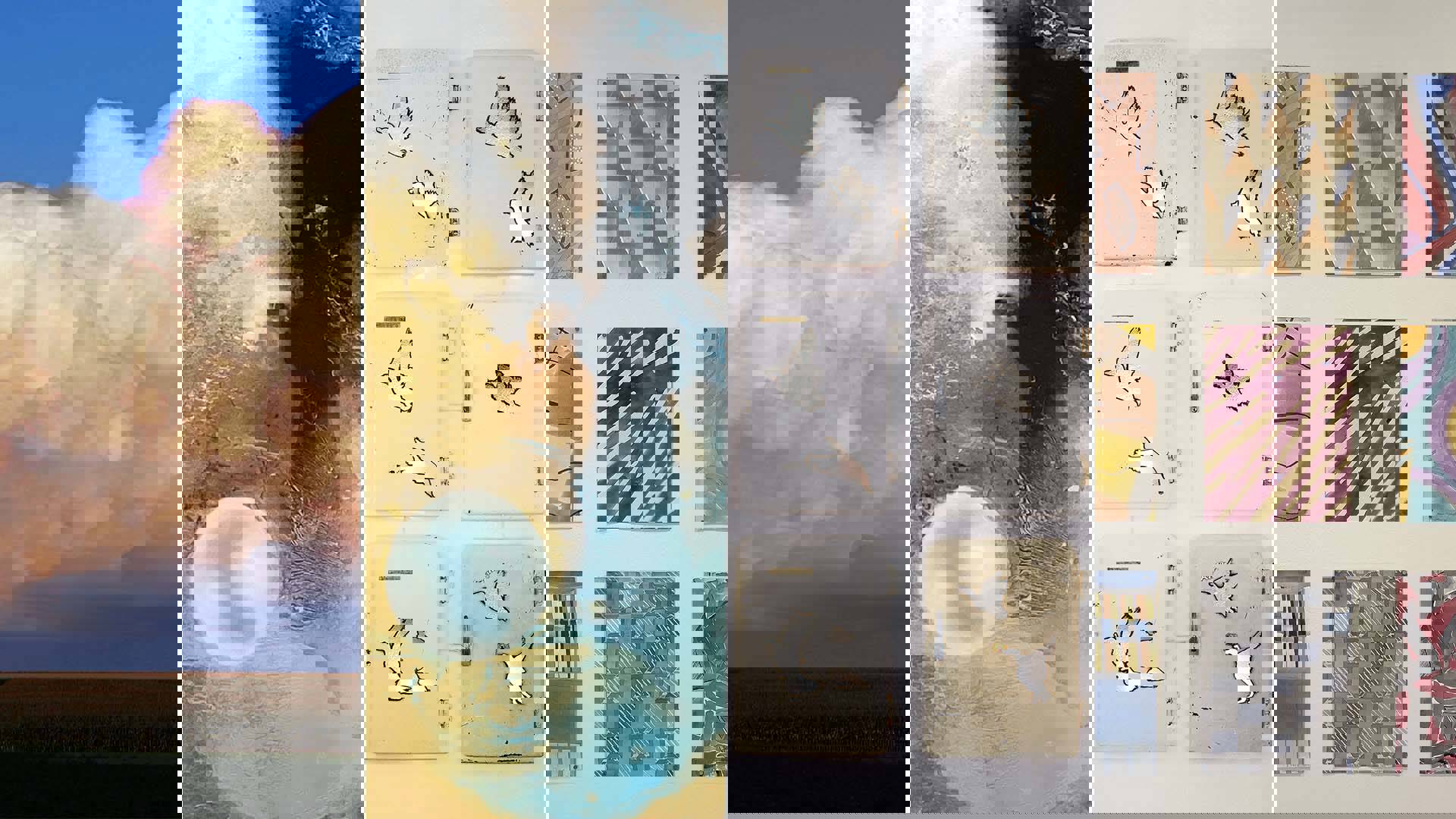 Four pieces of artwork in a striped collage.