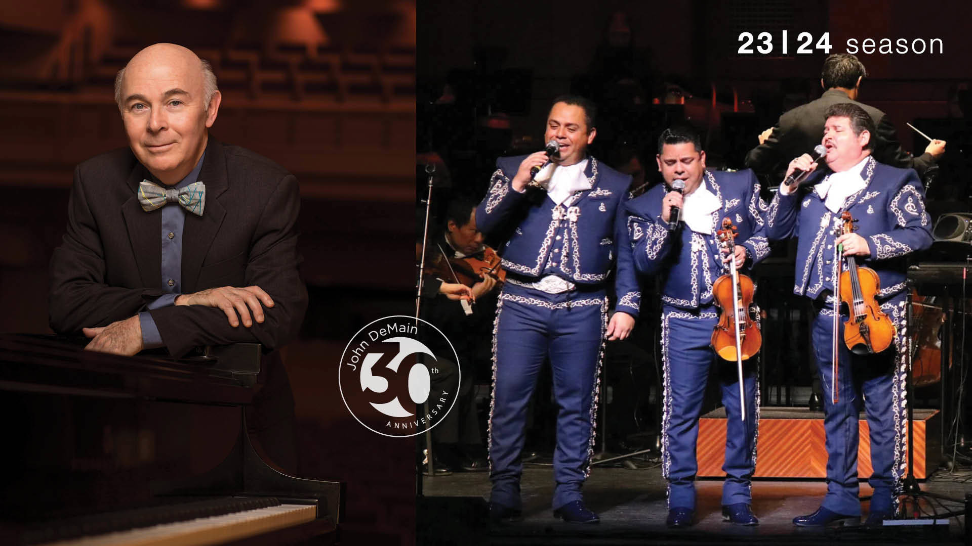 Composite image of an older man with light complexion in a suit & bowtie, next to a trio of men in mariachi outfits singing in front of an orchestra.