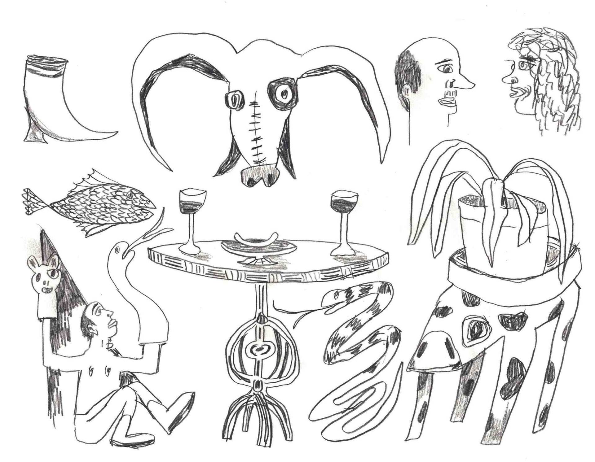 various black and white sketches of various odd animals and people.
