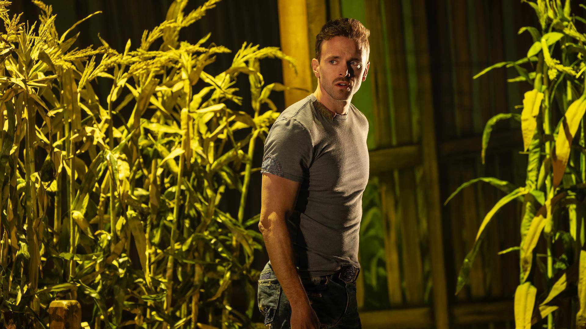 A man with light complexion, short blonde hair, and a grey tshirt standing amongst stalks of corn and looking slightly over his right shoulder with a concerned look on his face.