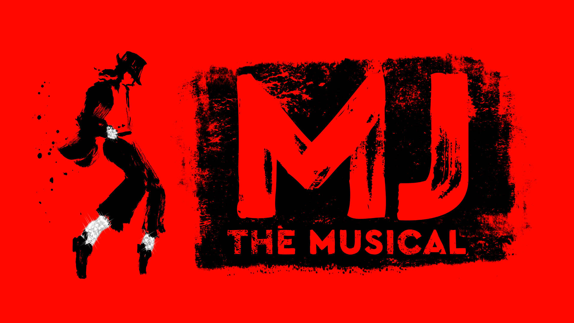 Banner Text reads: "MJ The Musical" An profile illustration of Michael Jackson in a dance pose on the tips of his feet in black and silver glitter next to a large title. The background is bright red.