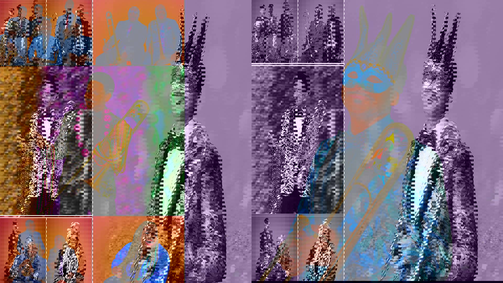 A collage of six photos, the largest features Delfeayo Marsalis, a black man with a mustache wearing a New Orleans style blue mask and blue floral tuxedo. He is holding a trombone against a sparkly purple background. Other images feature band members holding brass instruments.
