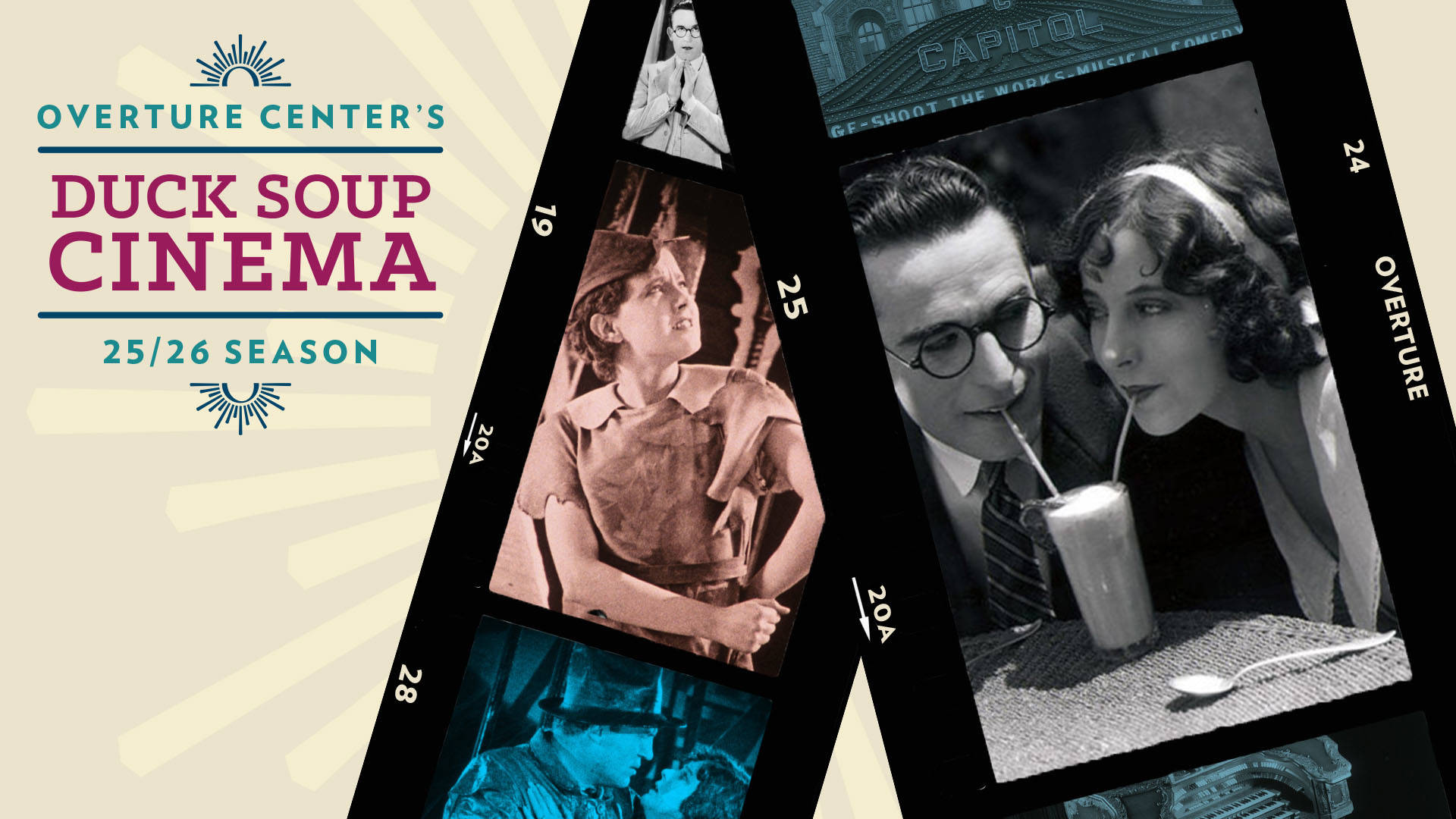Banner reads: "Overture Center's Duck Soup Cinema 25/26 Season." A graphic of two film strips with black and white images from silent films is depicted on the right of the title text.