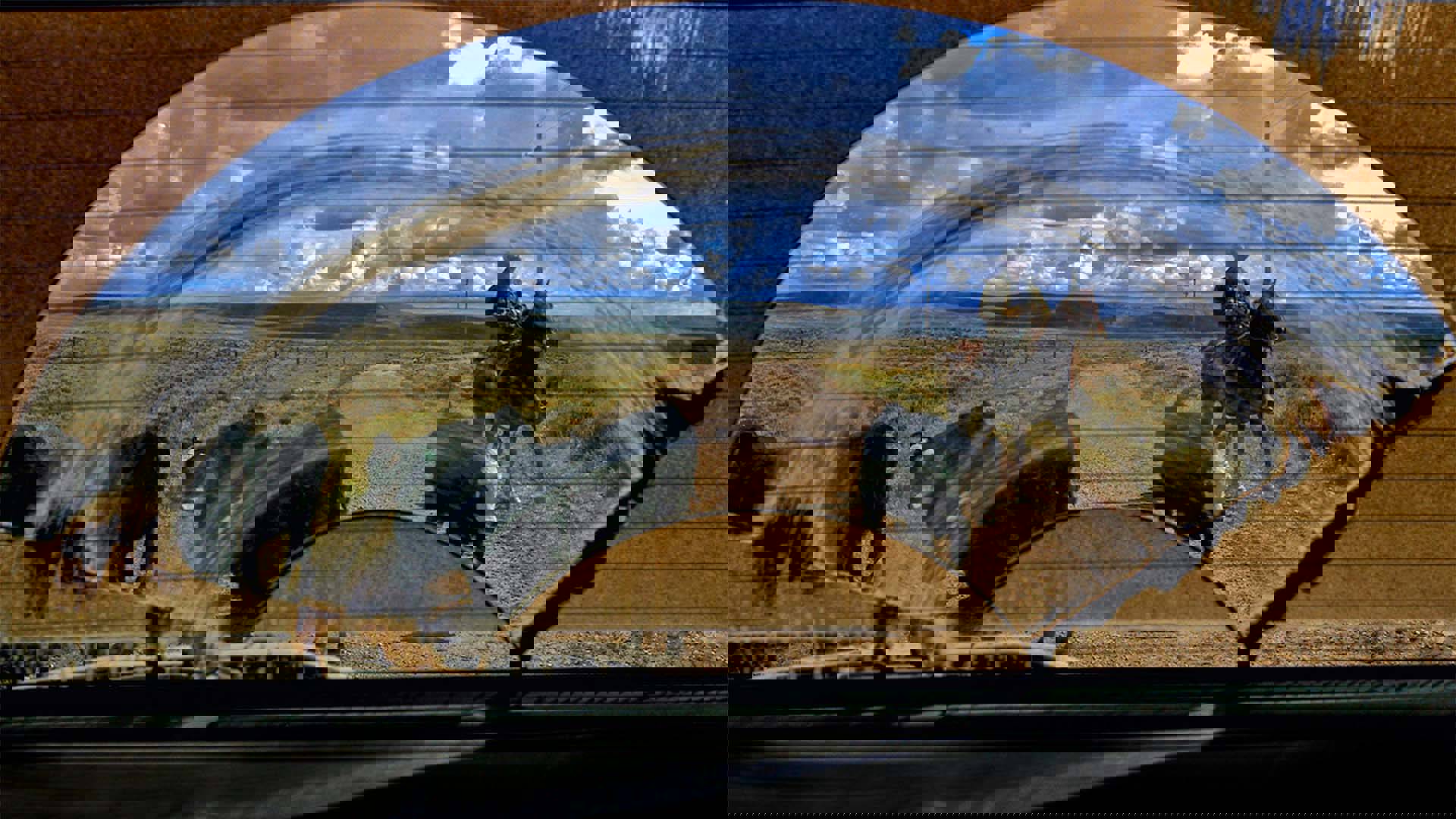 A dirty windshield wiping away mud with a view of a dirt road, black cattle and a rancher on a horse.