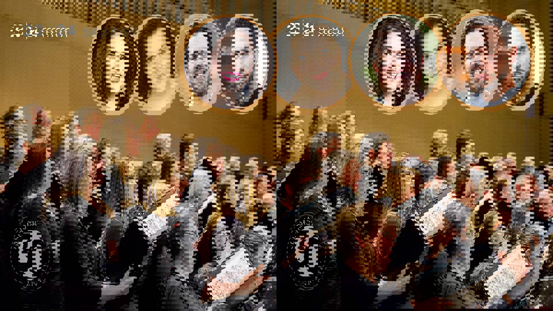 Headshots of two women and two men cropped into small circles in the upper right. the background is a choir of singers in black.