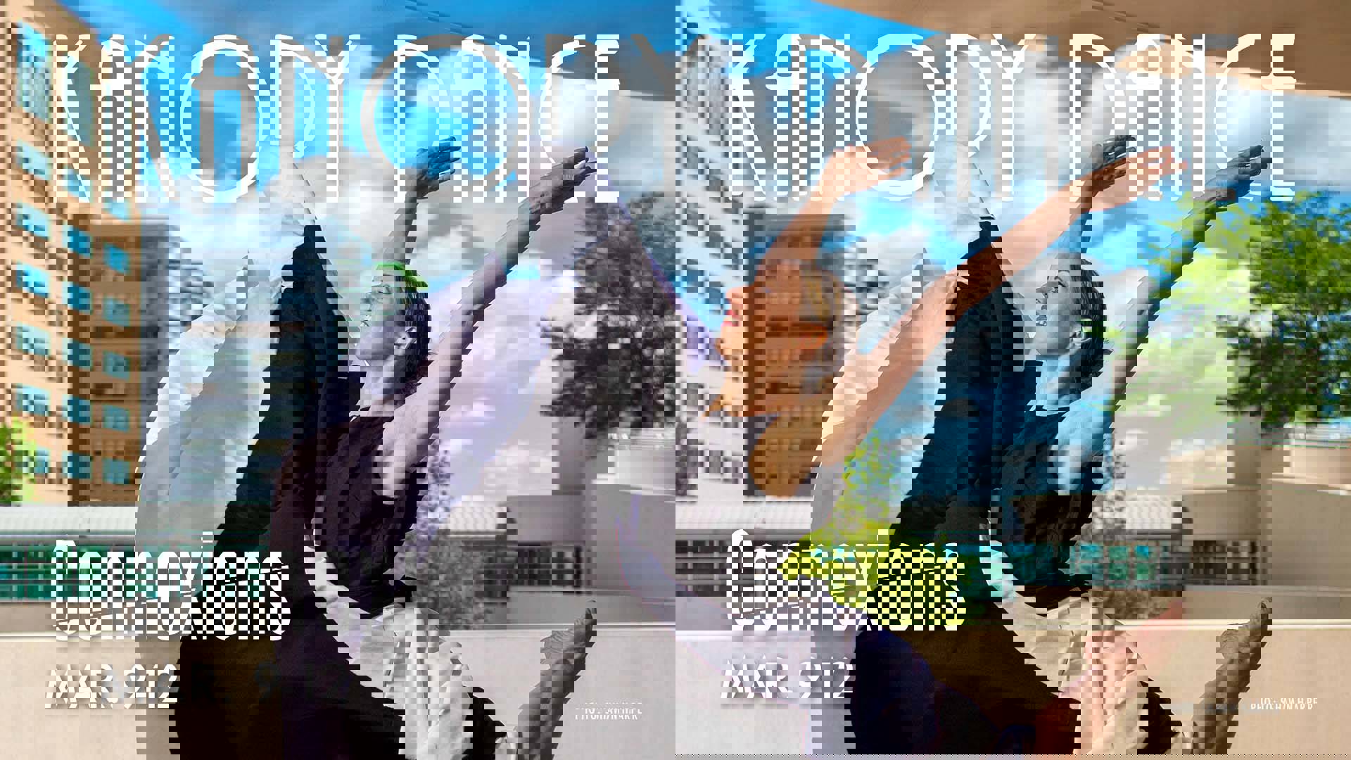 Banner text reads: Kanopy Dance Connexions Mar. 9-12. A woman in a black and white dress is leaping upwards with her arms in the air. 