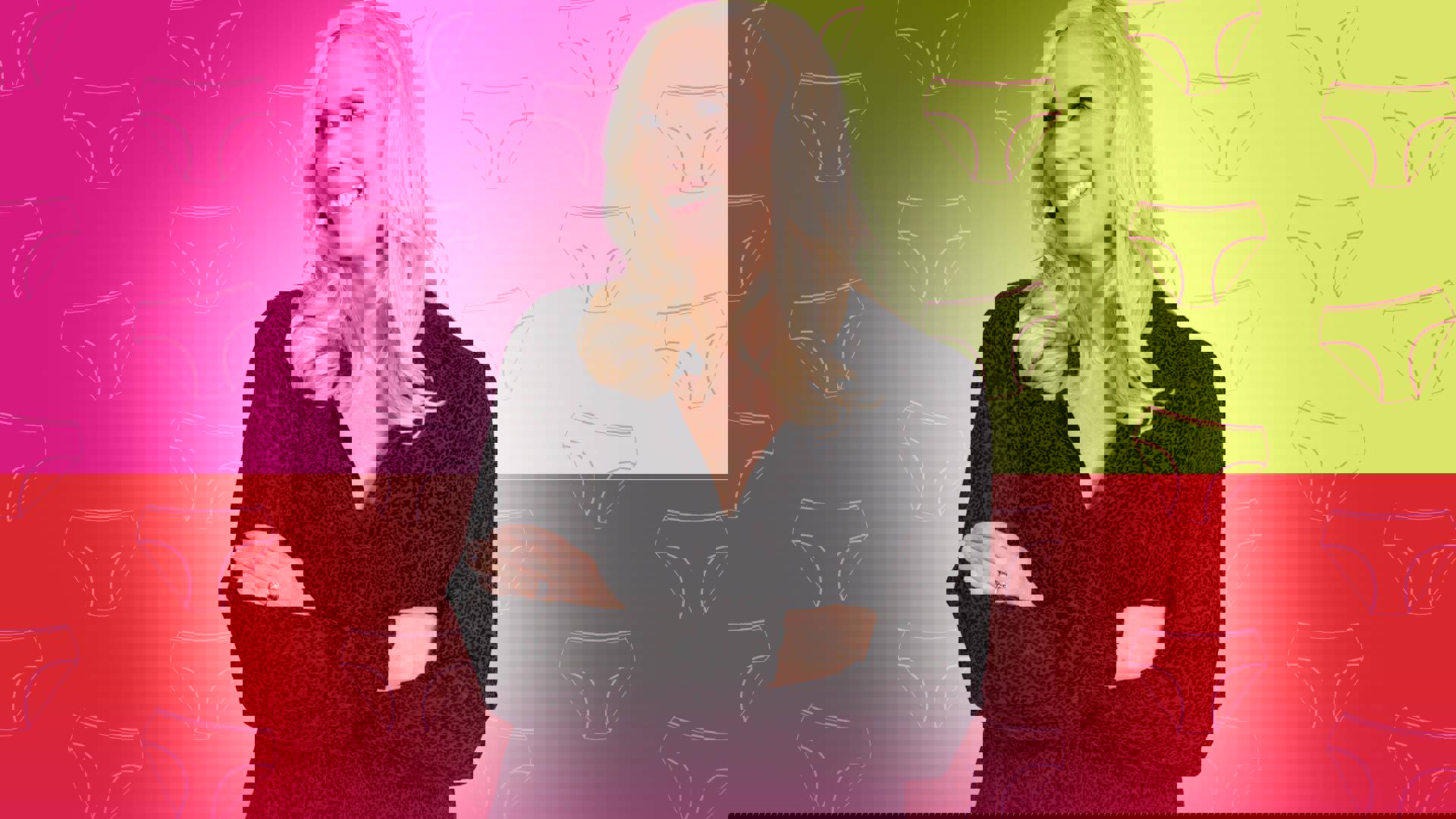 Leanne Morgan stands against a pink, orange and red background with underwear outlines. Leanne is smiling and has her arms folded confidently. She has blond hair and dark eyes.