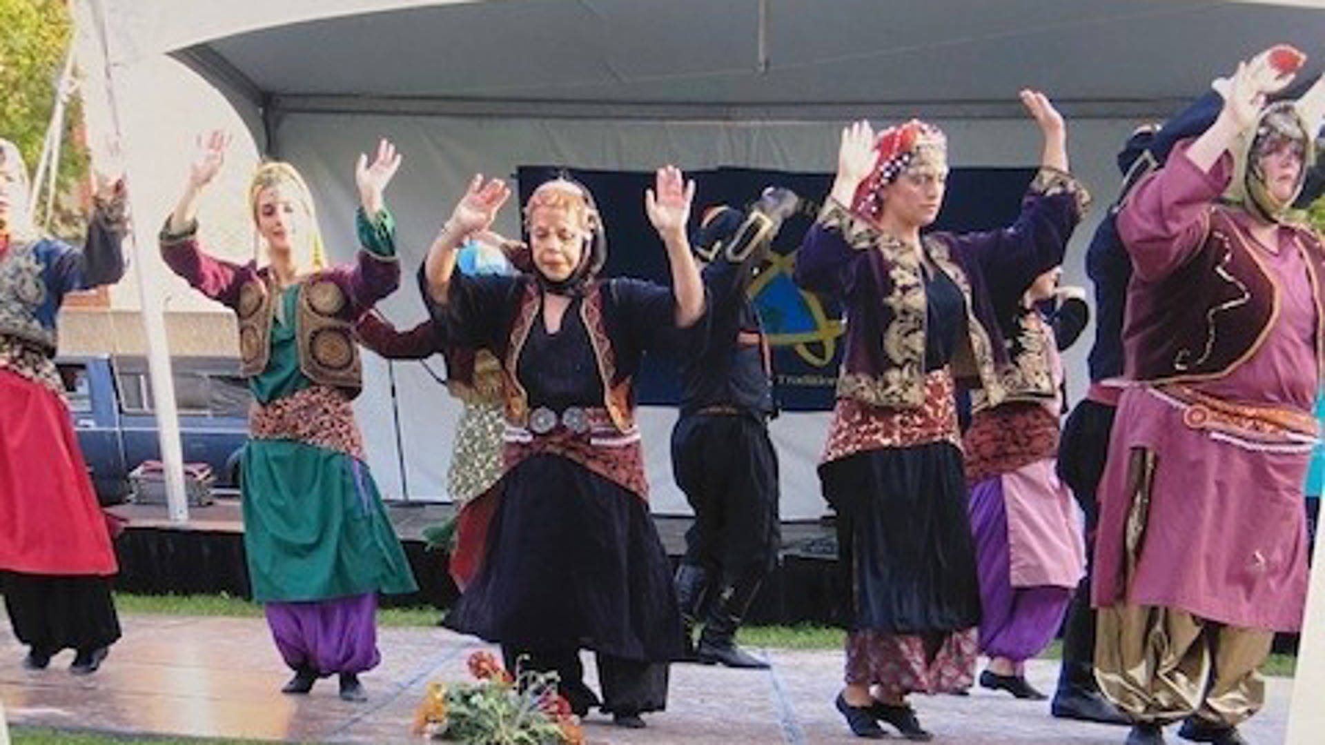 A group of dancers posing in colorful traditional Greek dance outfits performing with their hands held above their heads.