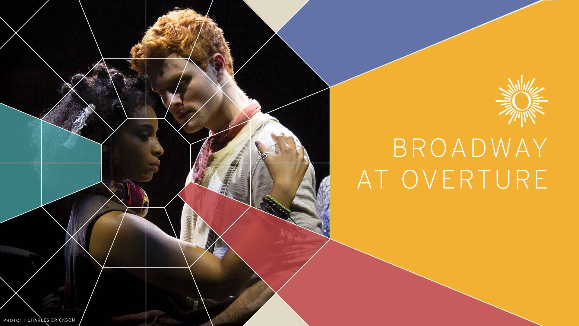 Broadway at Overture. A Black woman and white man embrace each other. Rays of different colors beam from the photo.