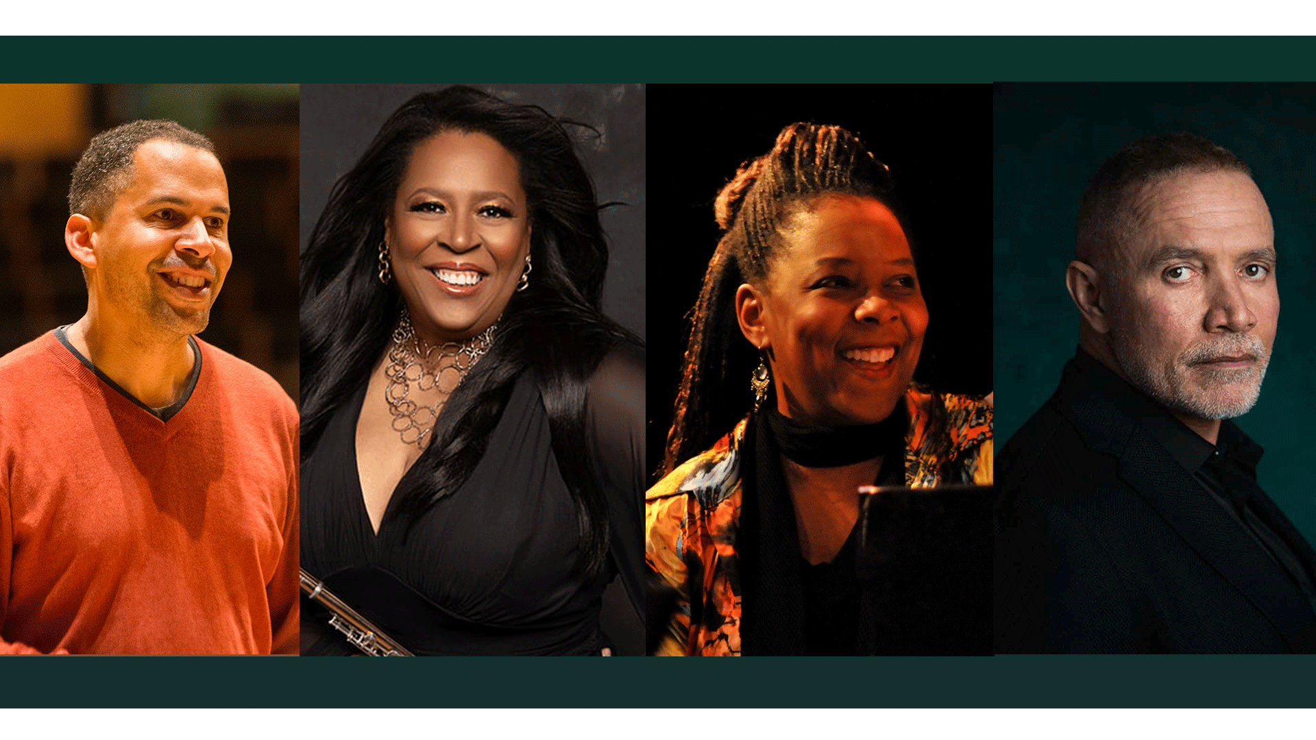 Four headshots of musicians and composers. From left to right: a middle aged man with dark complexion, short grey hair and a goatee in a red top, a woman with dark complexion dark long hair and a black top, a woman with dark complexion dark long hair and a colorful top, and a man middle age man with light complexion, short dark hair, a grey goatee and a dark top.
