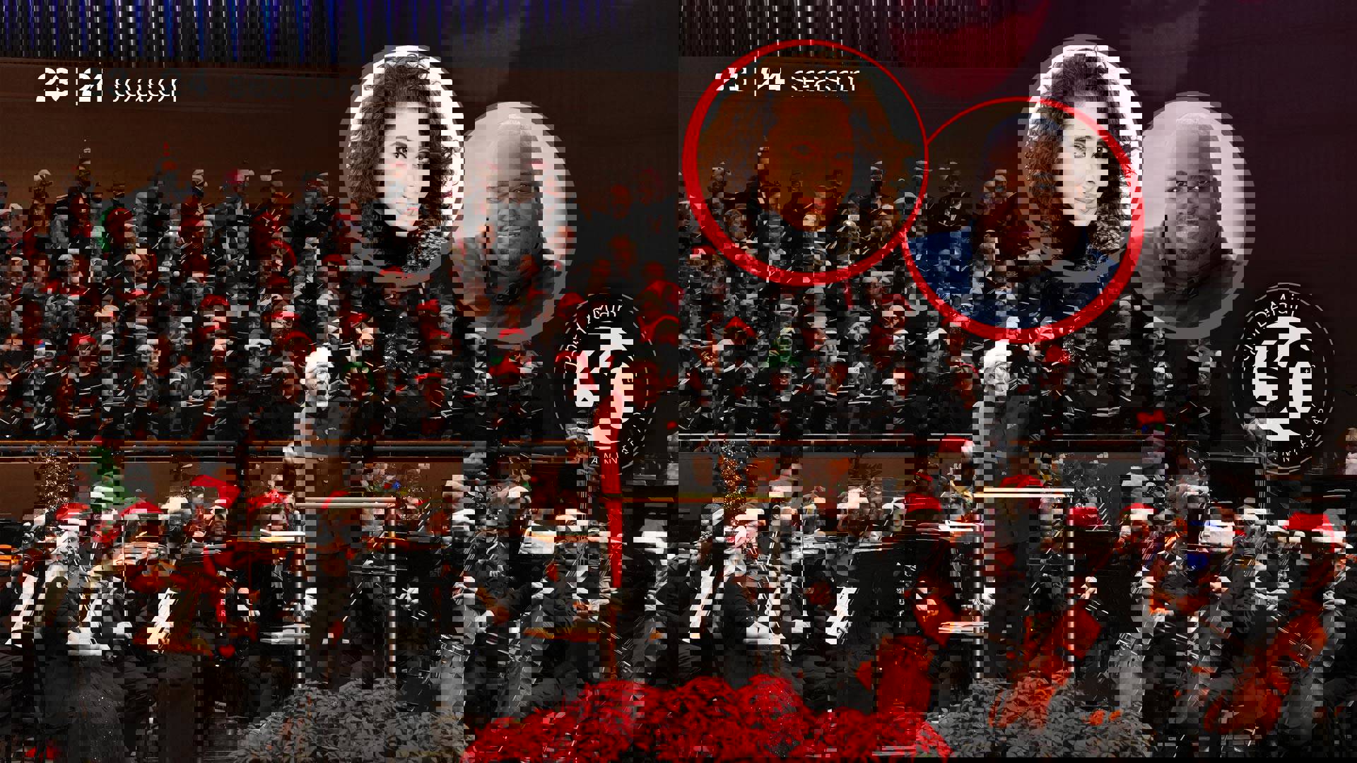 A headshot of a man and a woman cropped into circles in the upper right. The background is an orchestra and choir in santa claus hats.