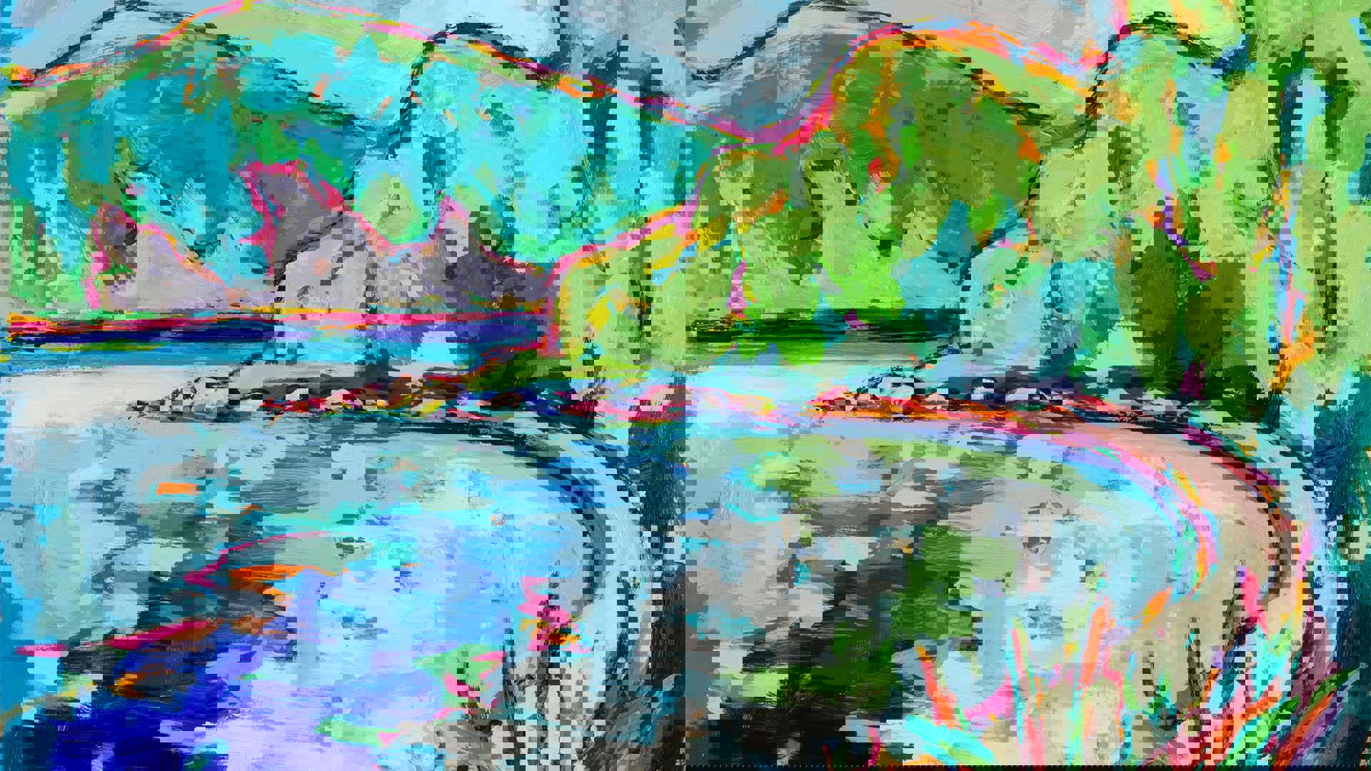 An abstract painting of a landscape- a lakeshore with trees.