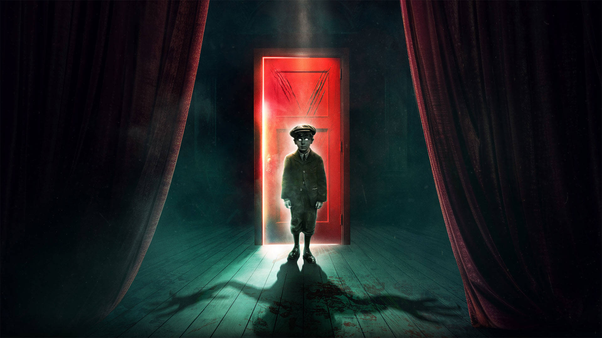 A dark image of a red stage curtain opening up to a creepy small child in a vintage suit and cap with glowing white eyes standing in front of a bright red door. The child's shadow displays in front, showing an alien-like creature.