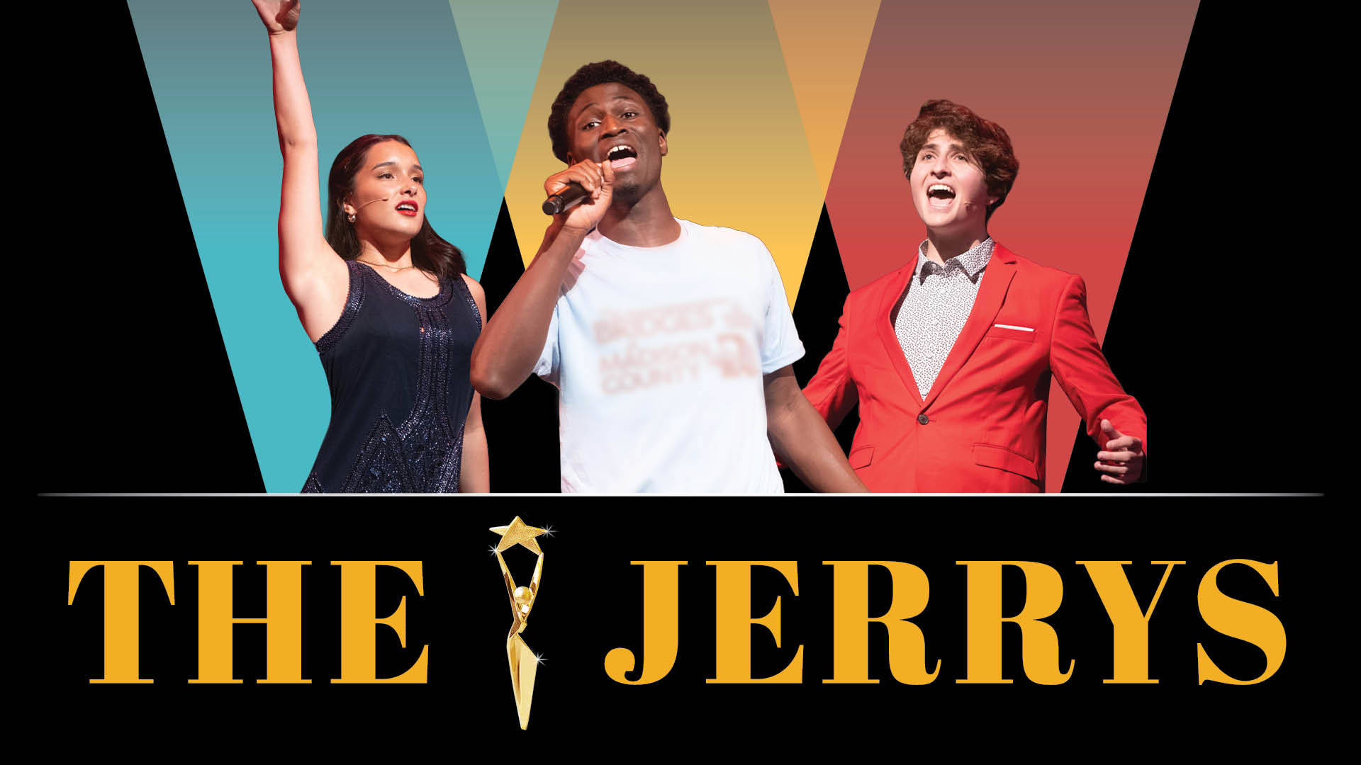 Black banner reads: "The Jerrys" in bold yellow font. Three performers are highlighted above, a young woman, a black young man and a brunette young man.