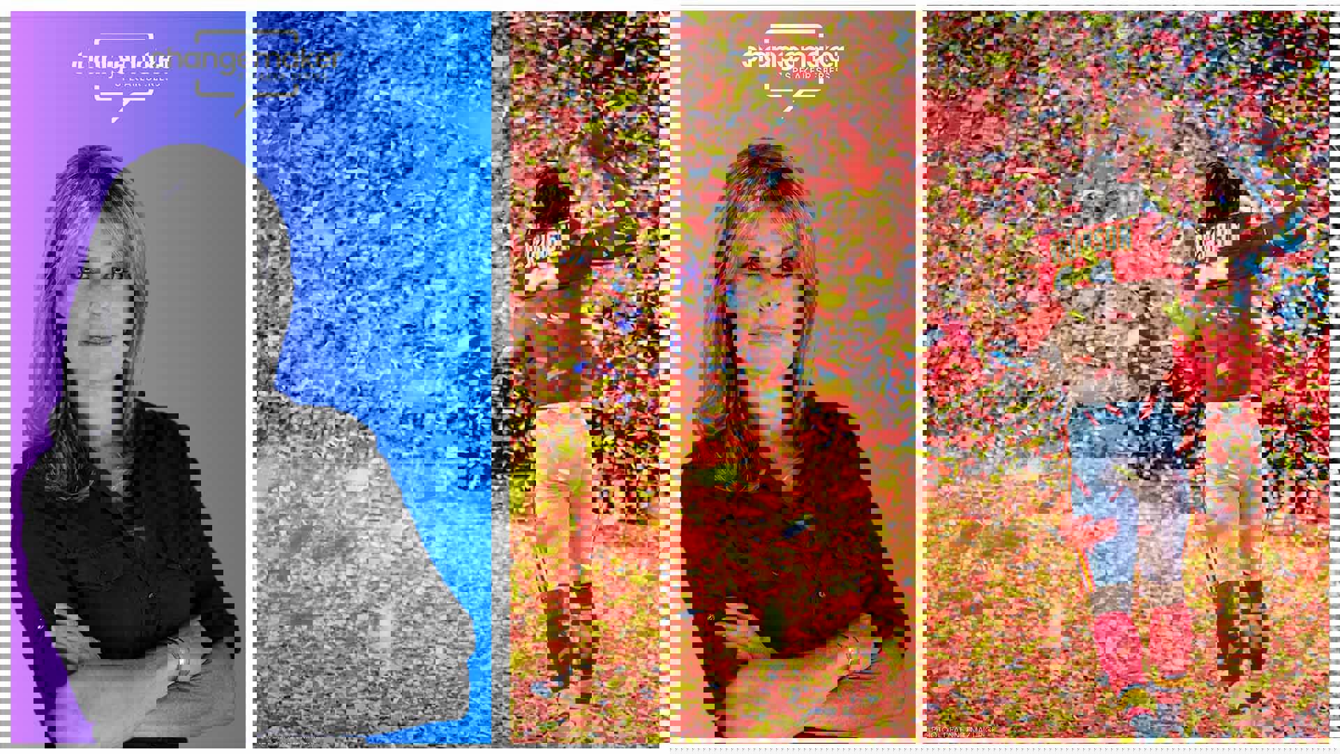 Changemaker Speaker Series. Composite image of a Caucasian woman headshot wearing a black collared shirt with her arms folded across and a Black football player with their arm raised in a fist running through yellow and red confetti.