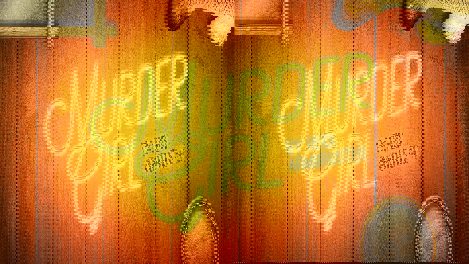 A wood paneled wall that reads in yellow neon-signage font: "Murder Girl by Heidi Armbruster." Three objects hang on the wall but are cut off in different corners: a plastic bass fish, a wooden framed image and an oval picture of a smiling woman.