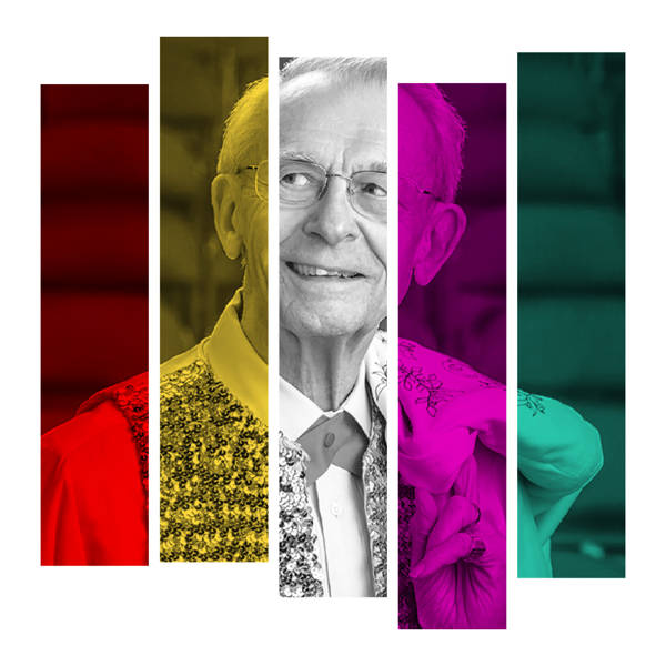 Photo of Mike Leckrone, an older man with light complexion, dark eyes and glasses in a sequence vest and white shirt. He is cropped by colorful rectangles.