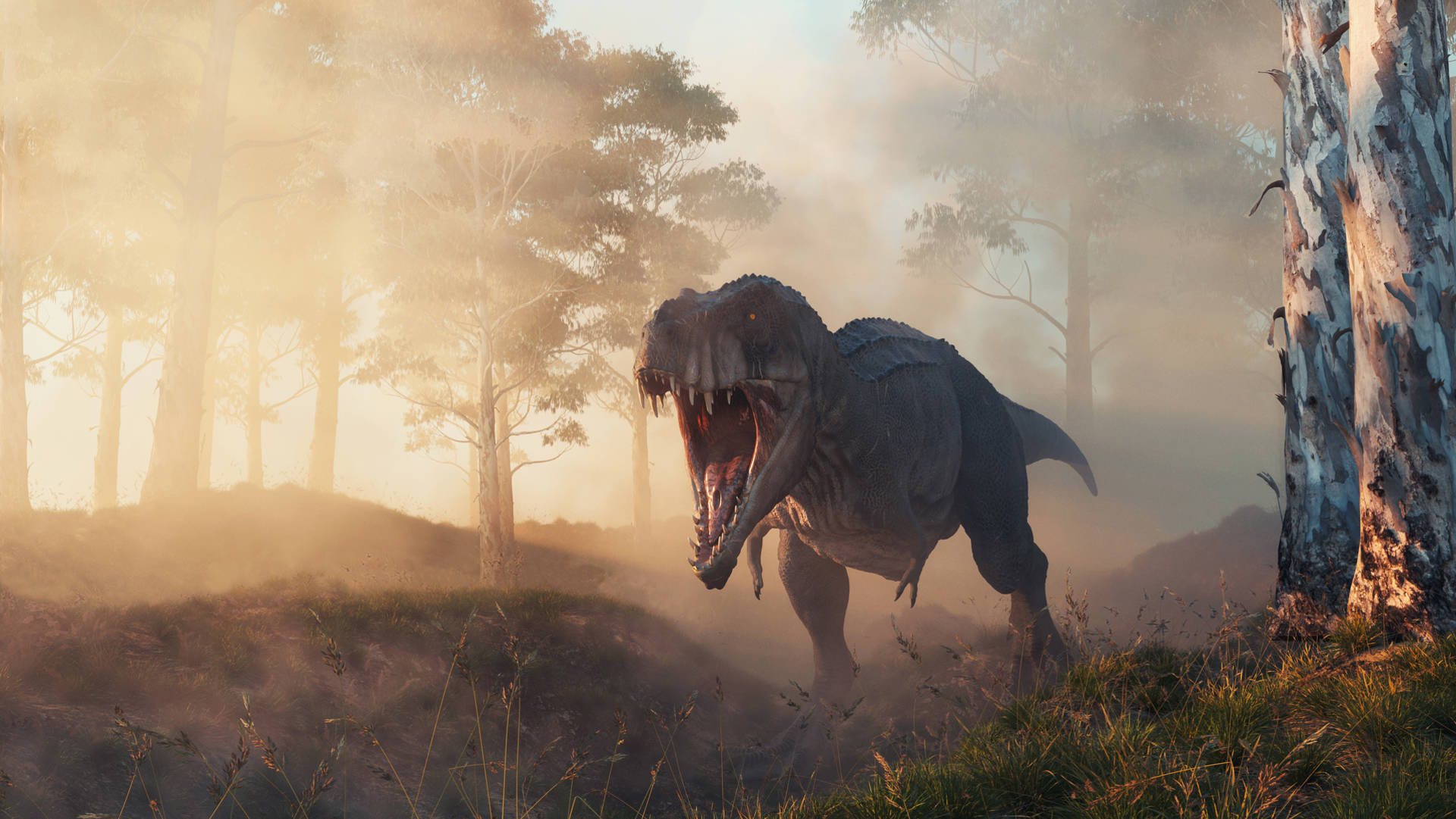 A dark grey T.Rex dinosaur roaring in a wooded environment.