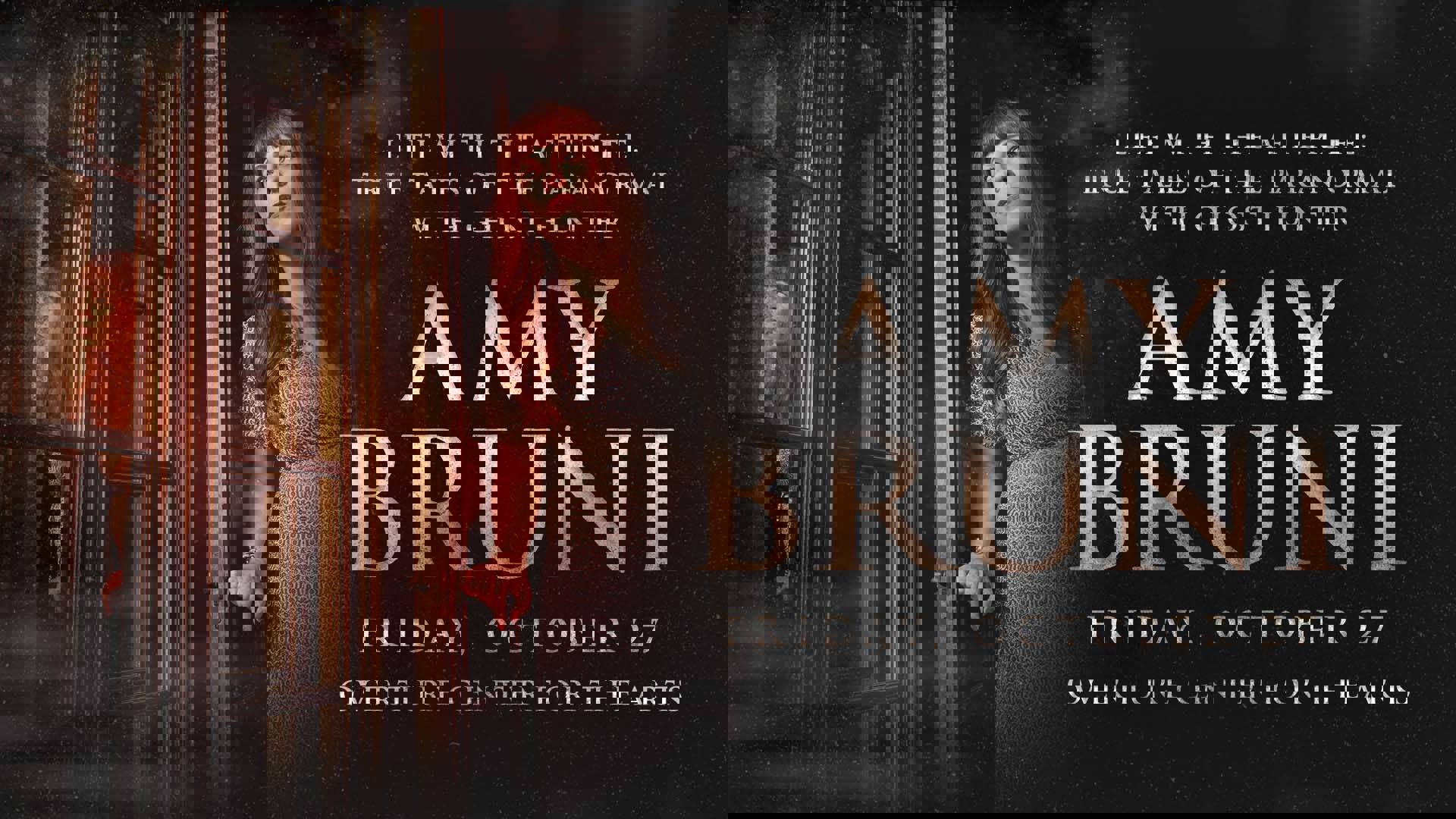 A white woman with reddish-brown, shoulder-length hair opening a class door and looking curiously into a room. To her right is the text "Life with the Afterlife: True tales of the paranormal with ghost hunter Amy Bruni. Friday, October 27. Overture Center for the Arts"