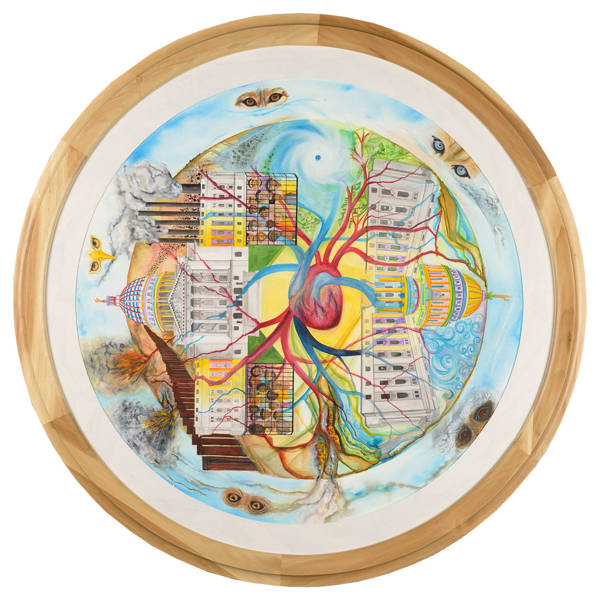 A circular painting involving the Wisconsin State Capitol on its side intertwined with a heart and arteries.