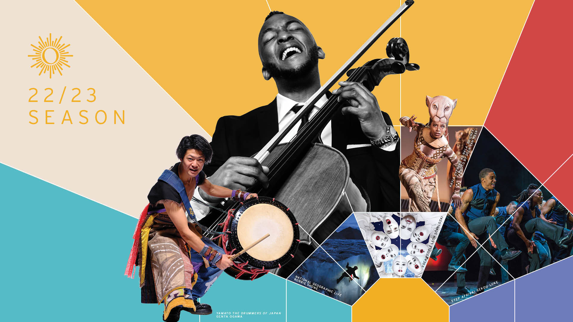 A collage of various performances coming to Overture. They are interspersed among rays of bright colors.