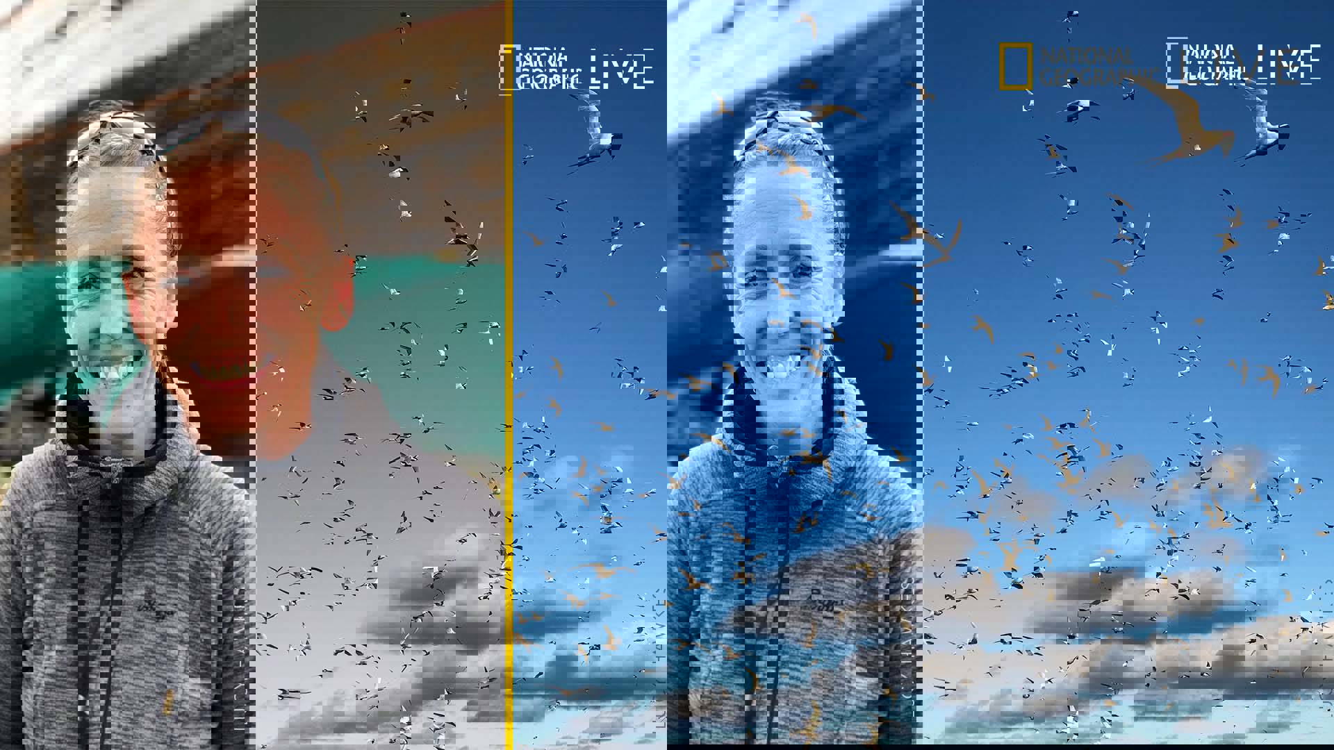 Headshot of Lucy Hawkes. She is smiling warmly toward the camera, has pulled-back hair, and a gray hoodie on. Next to her is an image of many dozens of birds flying agains a blue sky