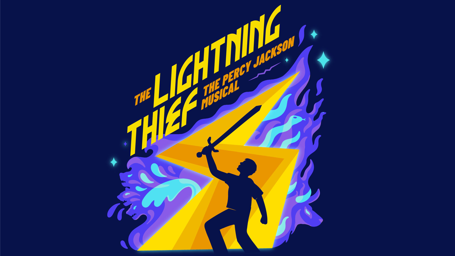 A graphic of a boy holding a sword above his head inside an upside-down lightning bolt. Purple flames, blue water and snakes are emerging from the lightning bolt. Above is the title "The Lightning Thief: The Percy Jackson Musical" in yellow and orange font. The background is a dark blue.