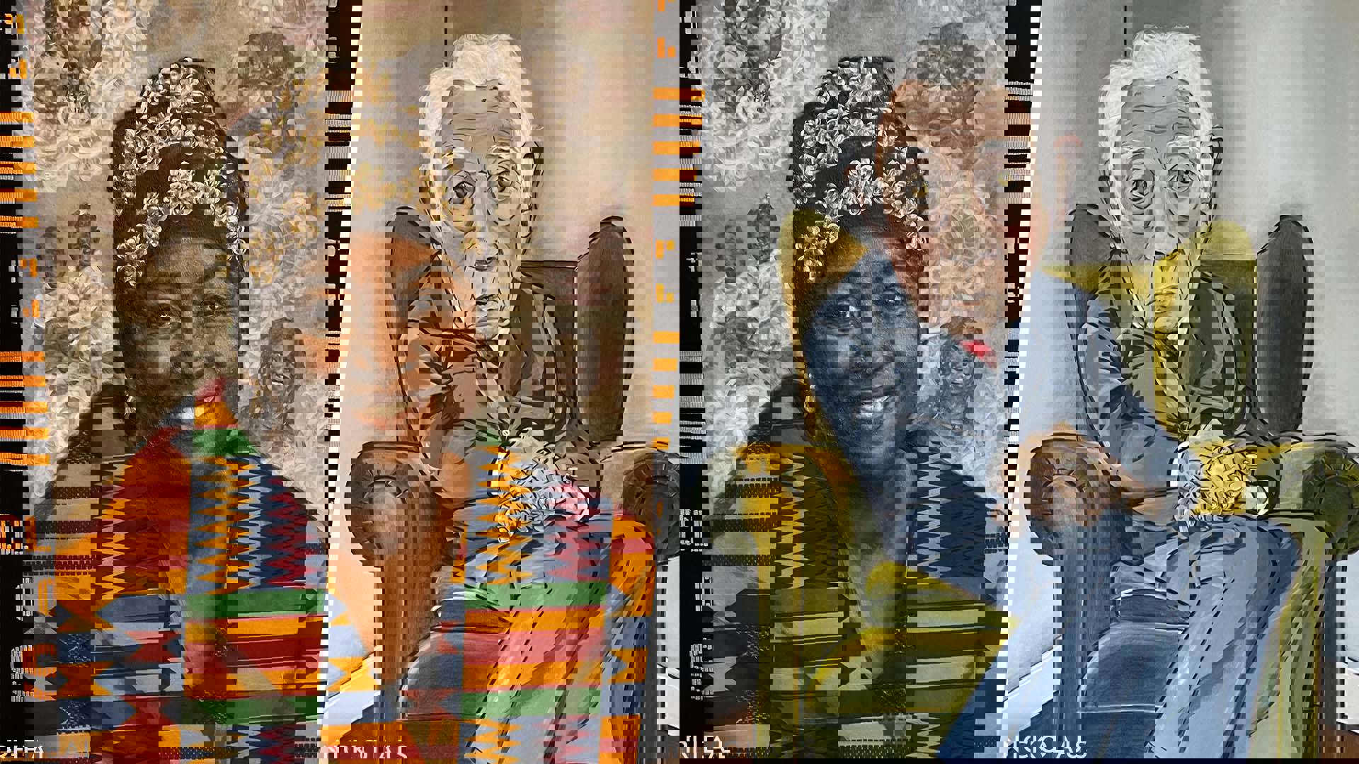 Two pieces of art side by side. On the left, a middle aged woman with dark complexion smiling towards the viewer. She is wrapped in colorful clothing. On the right a painted image of an elderly man in a blue suit in a green chair with white hair and light complexion.