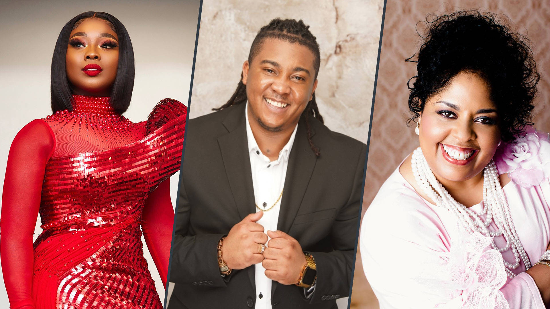 Collage of three smiling people. One woman is wearing a sparkling red dress. The other is wearing a pink top and pearls. A man is wearing a dress shirt and dark jacket.