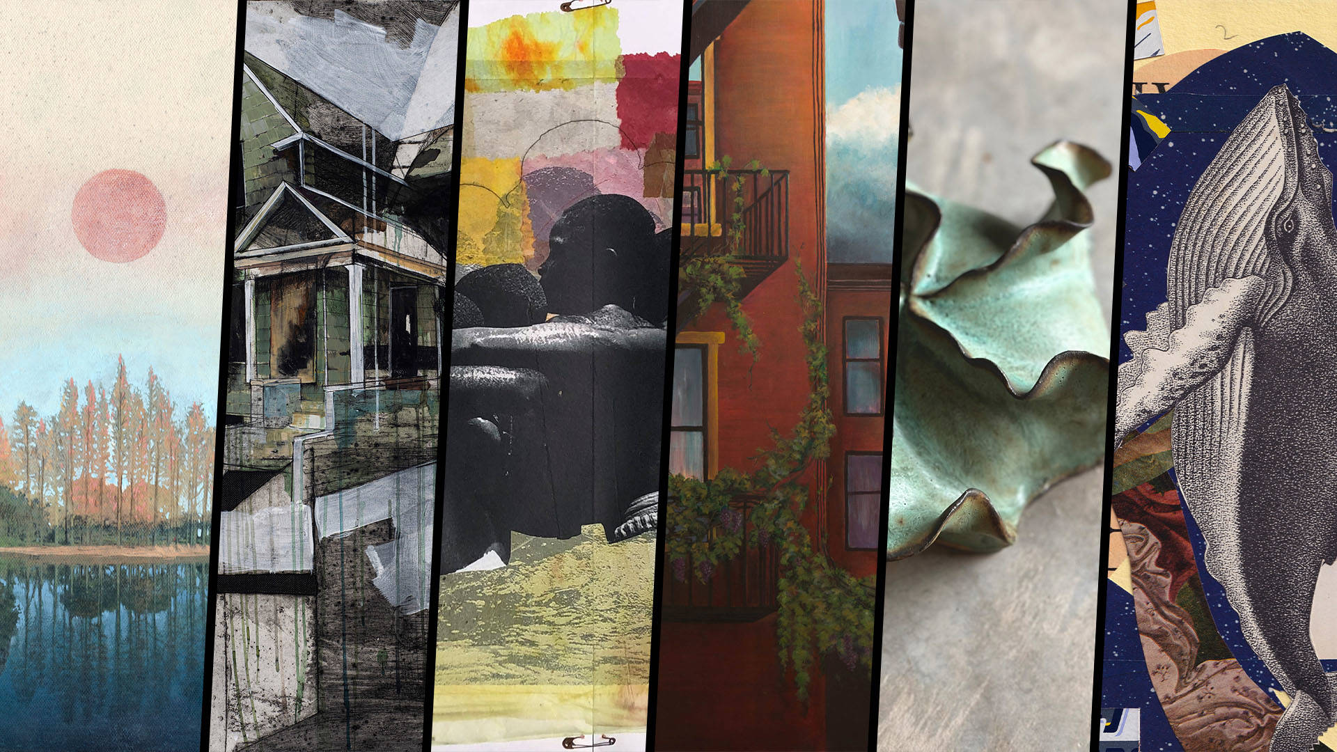 A collage of six art pieces: paintings, prints, ceramics and collages.
