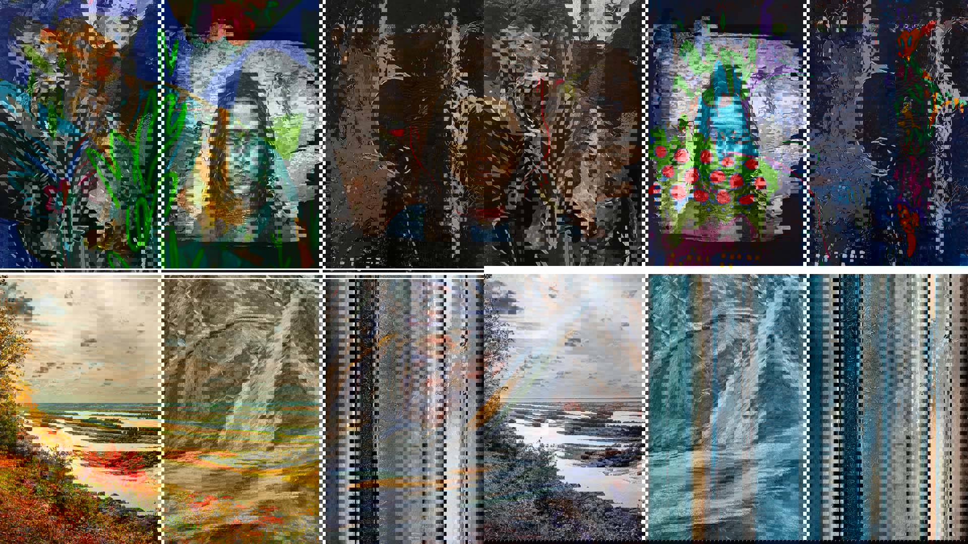 A six image grid collage of various paintings, sketches and multi-media art pieces in each square.