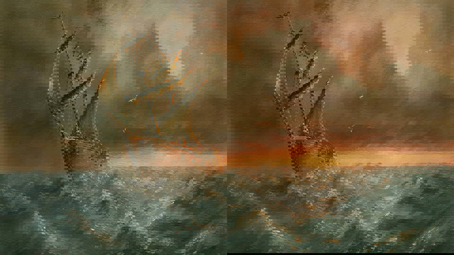 An oil painting of a two-masted 17th century sailing ship with seagulls flying at sunset. The sky has moody, dark clouds and the ocean has choppy waves.