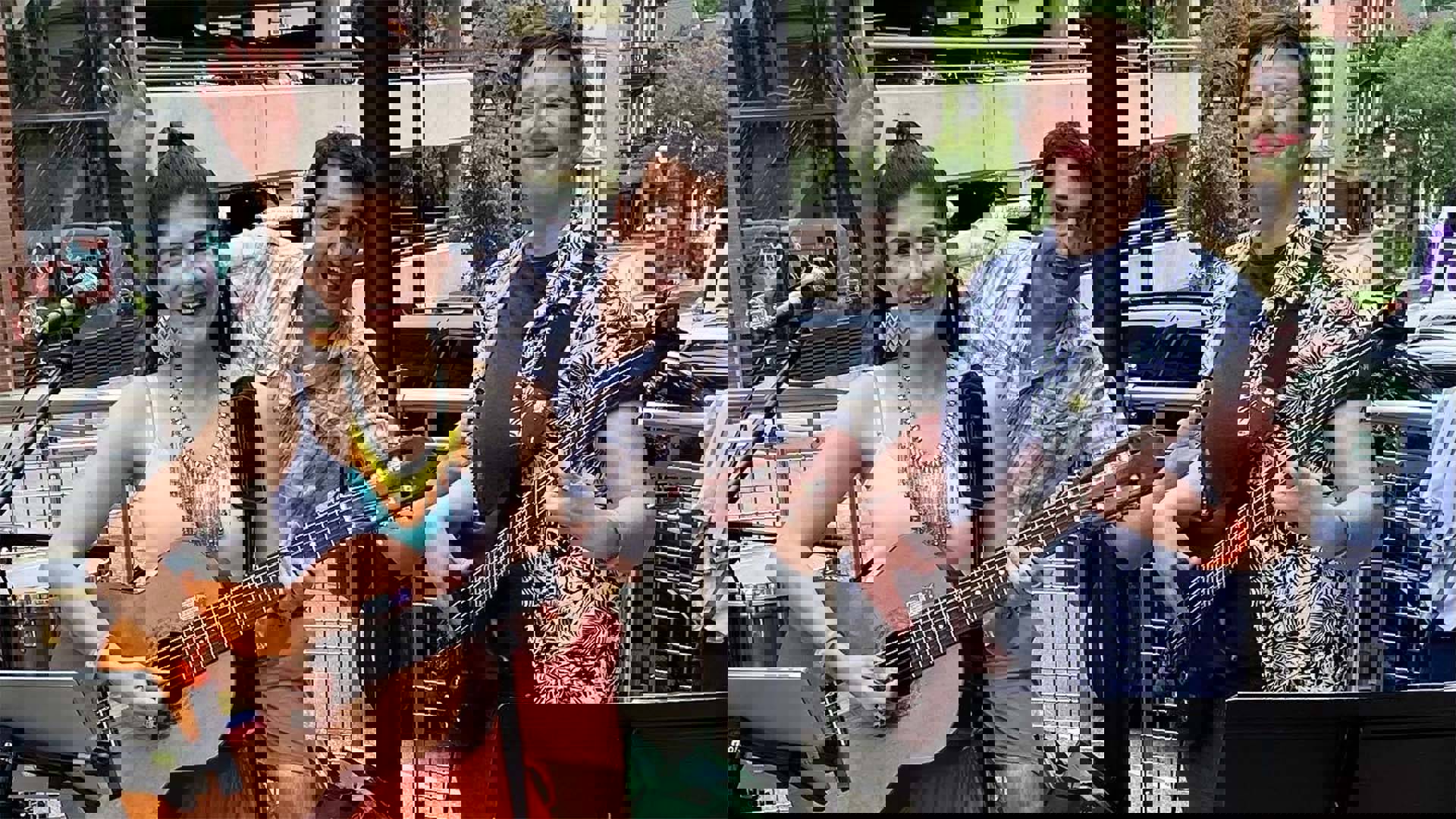 Three people holding instruments and smiling. One is a medium complexion woman with colorful jewelrey holding an acoustic guitar. The other is a medium complexion man in a plaid shirt and the last is a short-haired light complexion person with an electric bass.