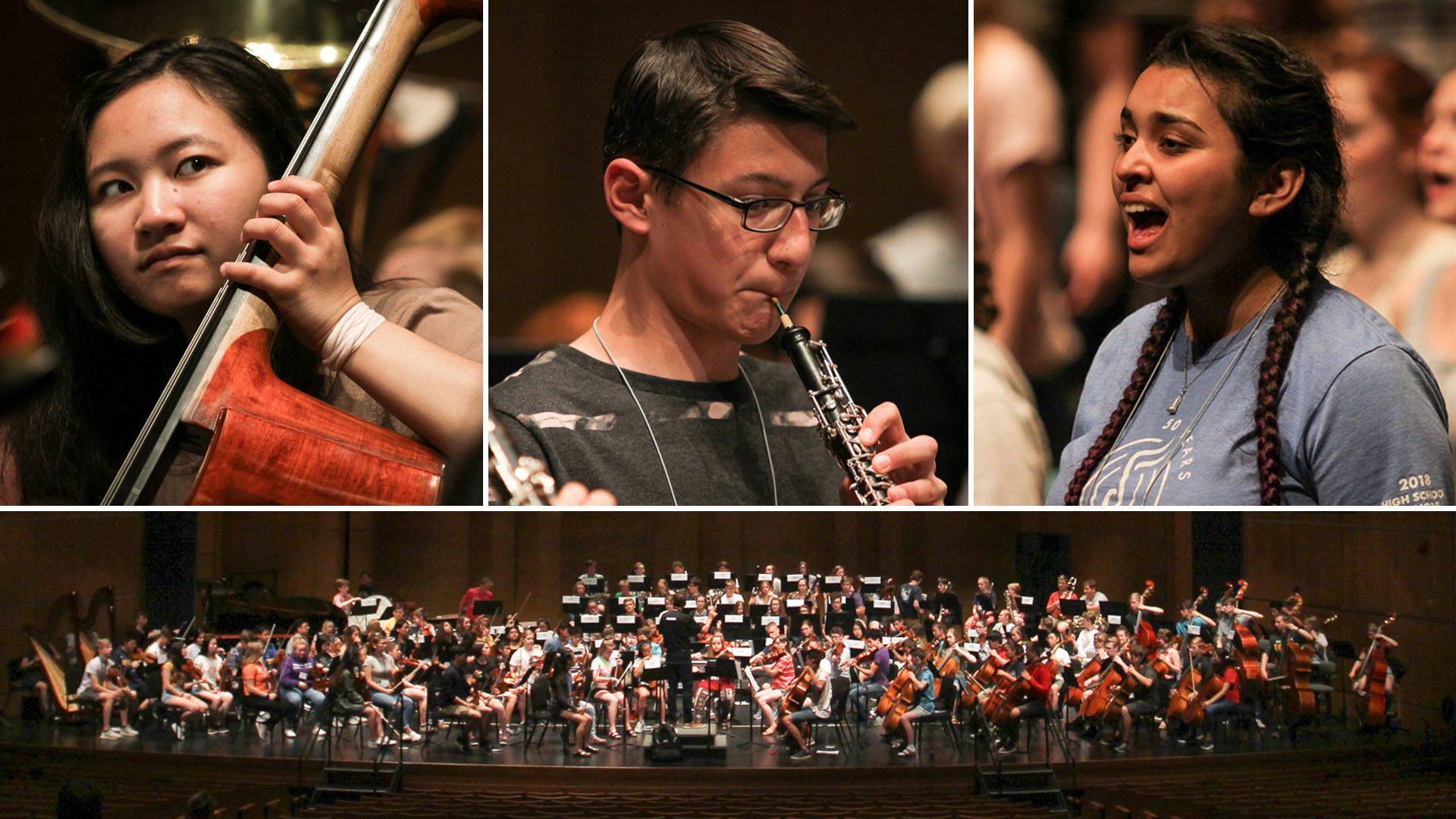 A collage of young WSMA performers. One girl is playing double bass. A boy is playing oboe. Another girl is singing. A full orchestra is seated on Overture Hall stage.