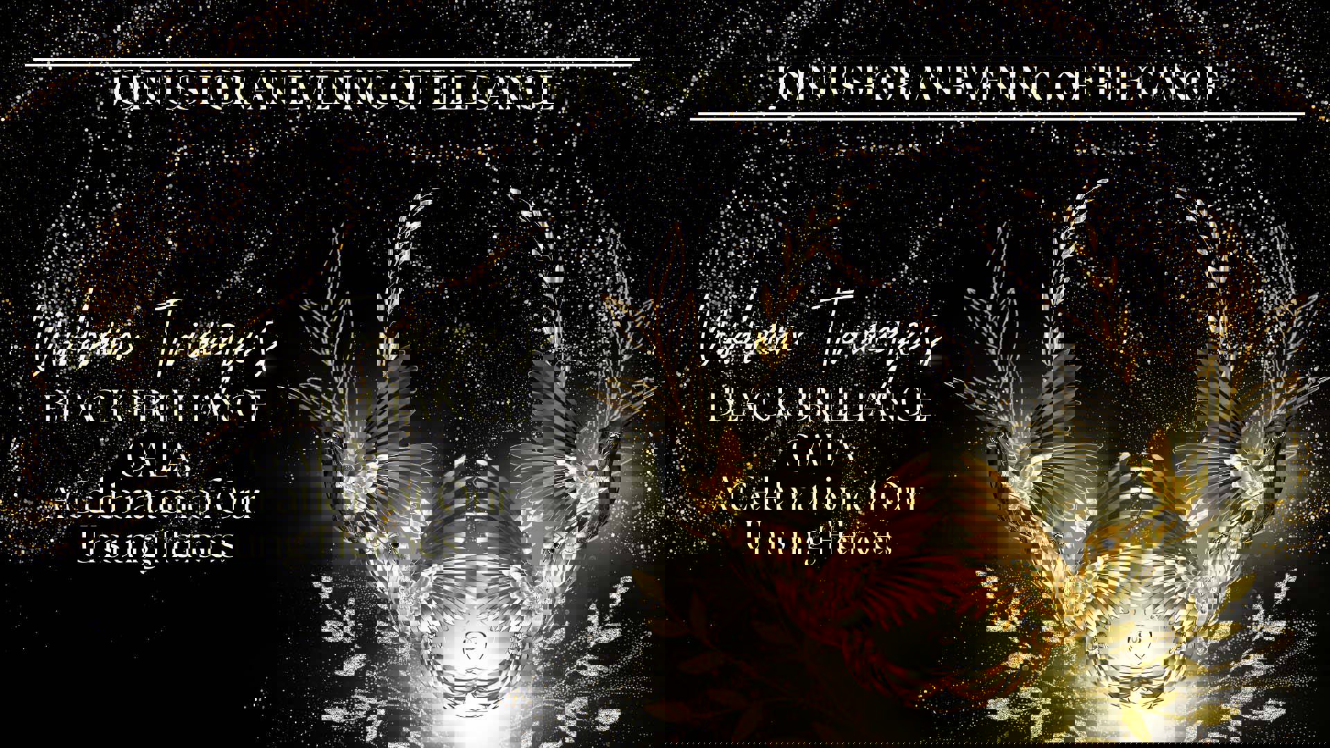 Banner text reads: "Join us for an evening of elegance. Urban Triage's Black Brilliance Gala: A Celebration of Our Unsung Heroes." On the right, a golden flowery figure with many branches and birds is on a black background.