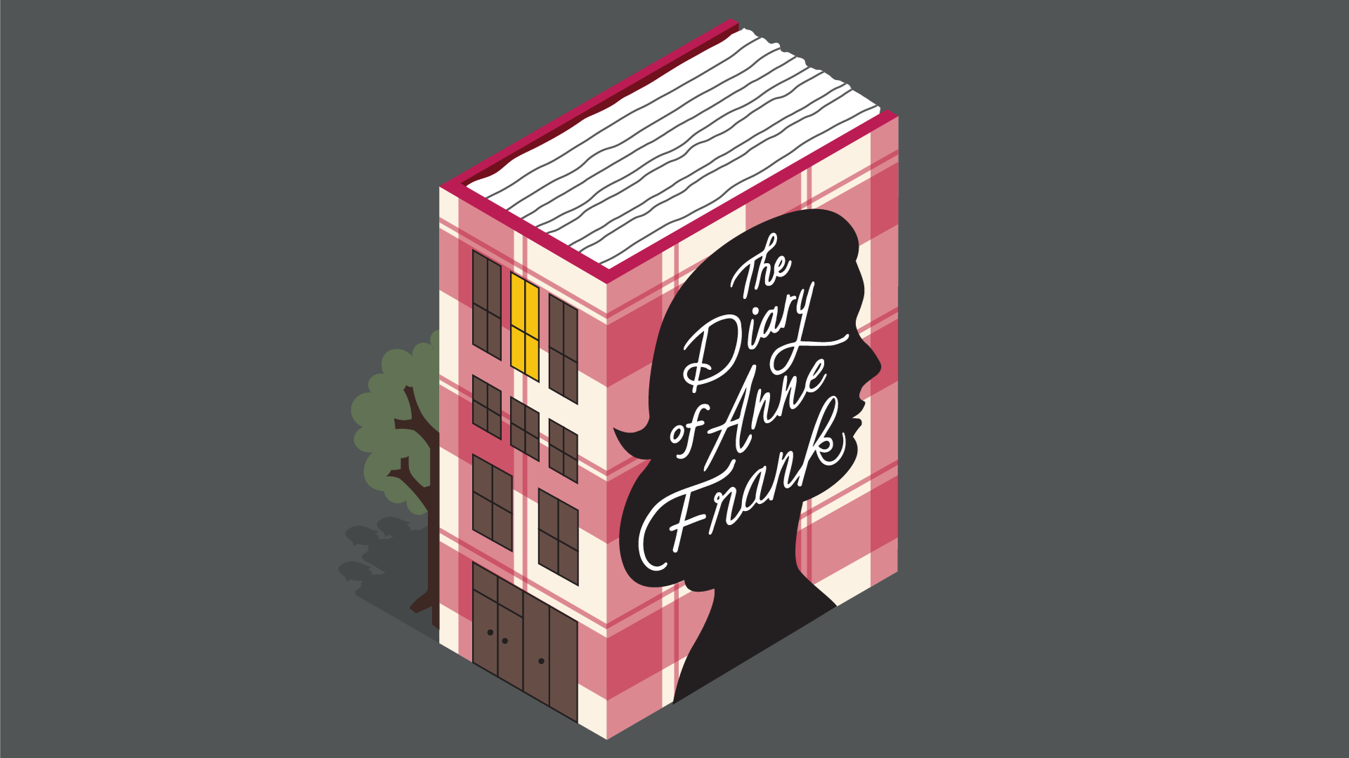 A graphic of a pink and white plaid book. The spine of the book has doors and windows like an apartment building. The front cover of the book has a silhouette of a girl's head. In the silhouette reads "The Diary of Anne Frank" in white, handwritten font. The background is gray. 