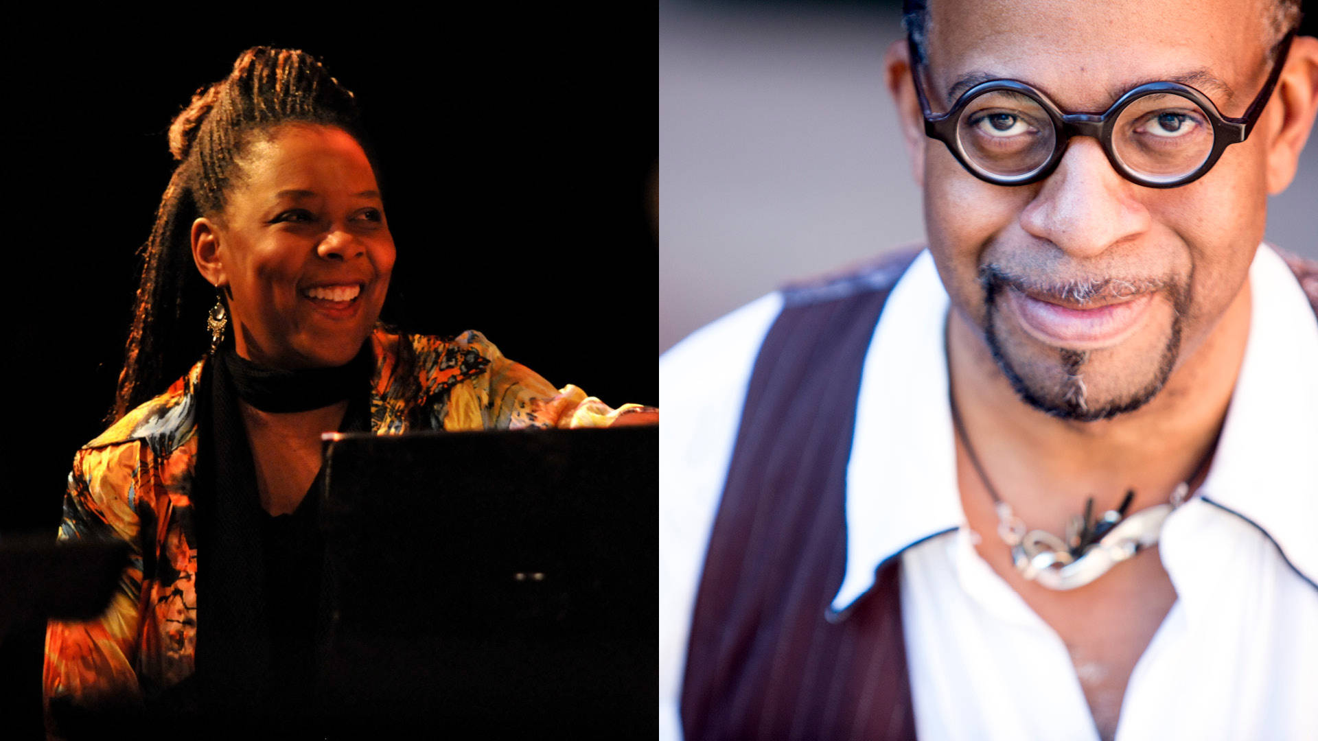 Two side-by-side photos. On the left is a smiling african american woman with long dark braids and a colorful patterned top sitting at a piano. On the right is a middle aged african american man with a thin dark goatee and glasses.