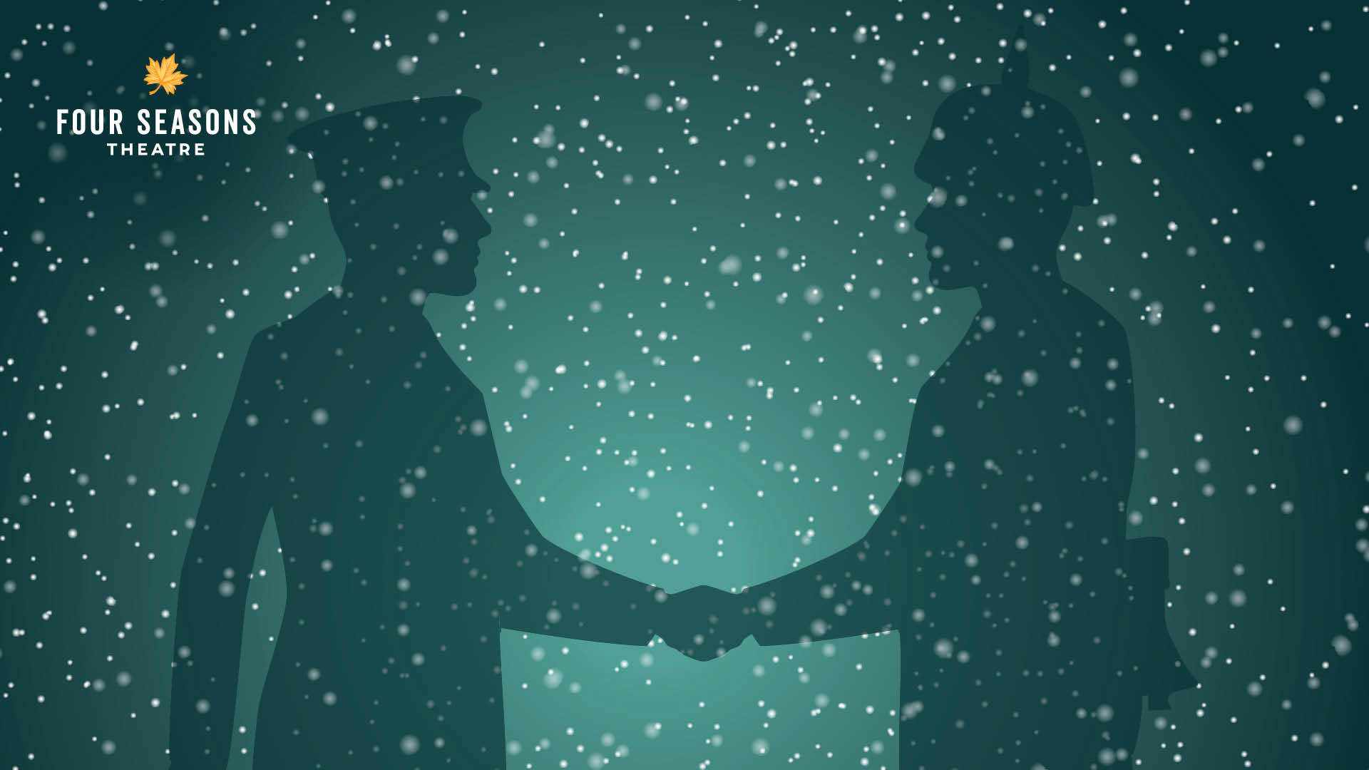 Two silhouettes of men shaking hands in front of a green gradient. There is snow falling around them.