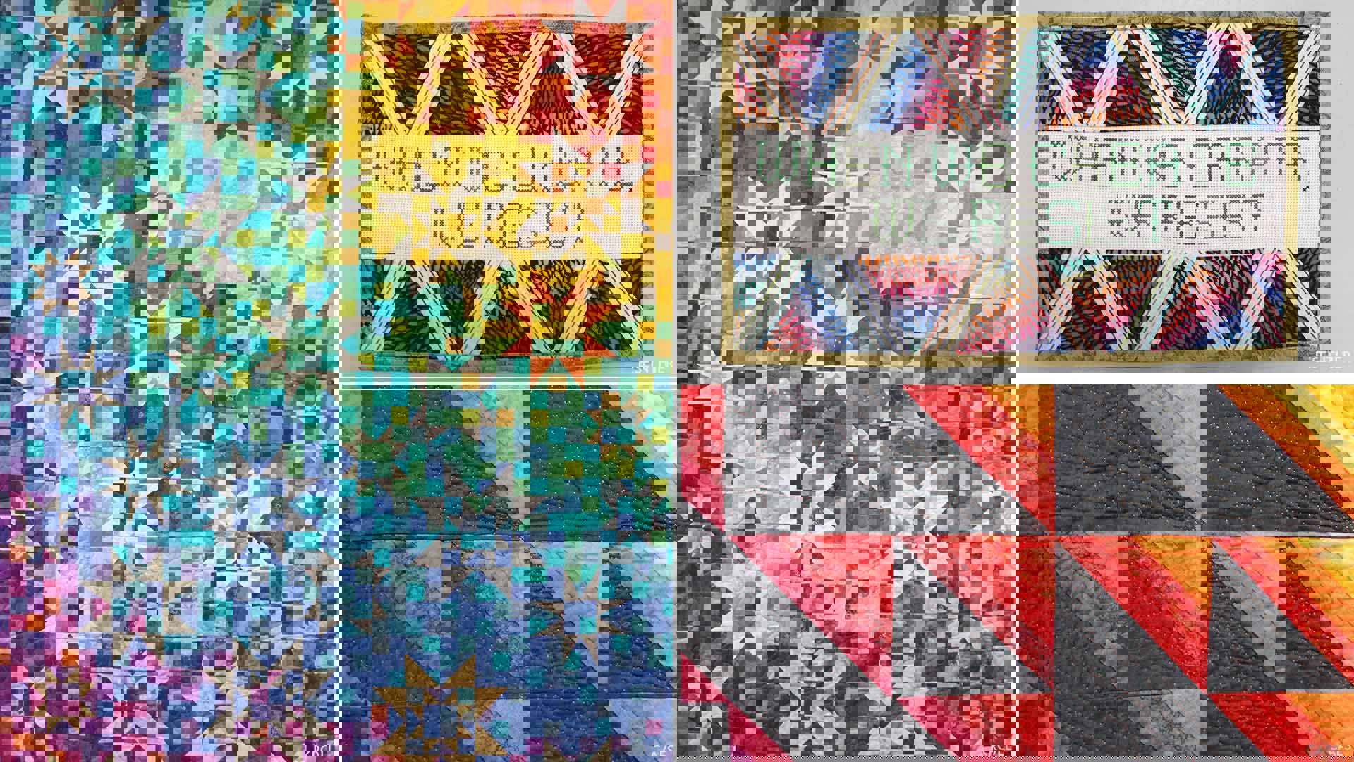 A three image grid collage of colorful and geometric textile and quilted tapestries. One says "When we create, we resist."
