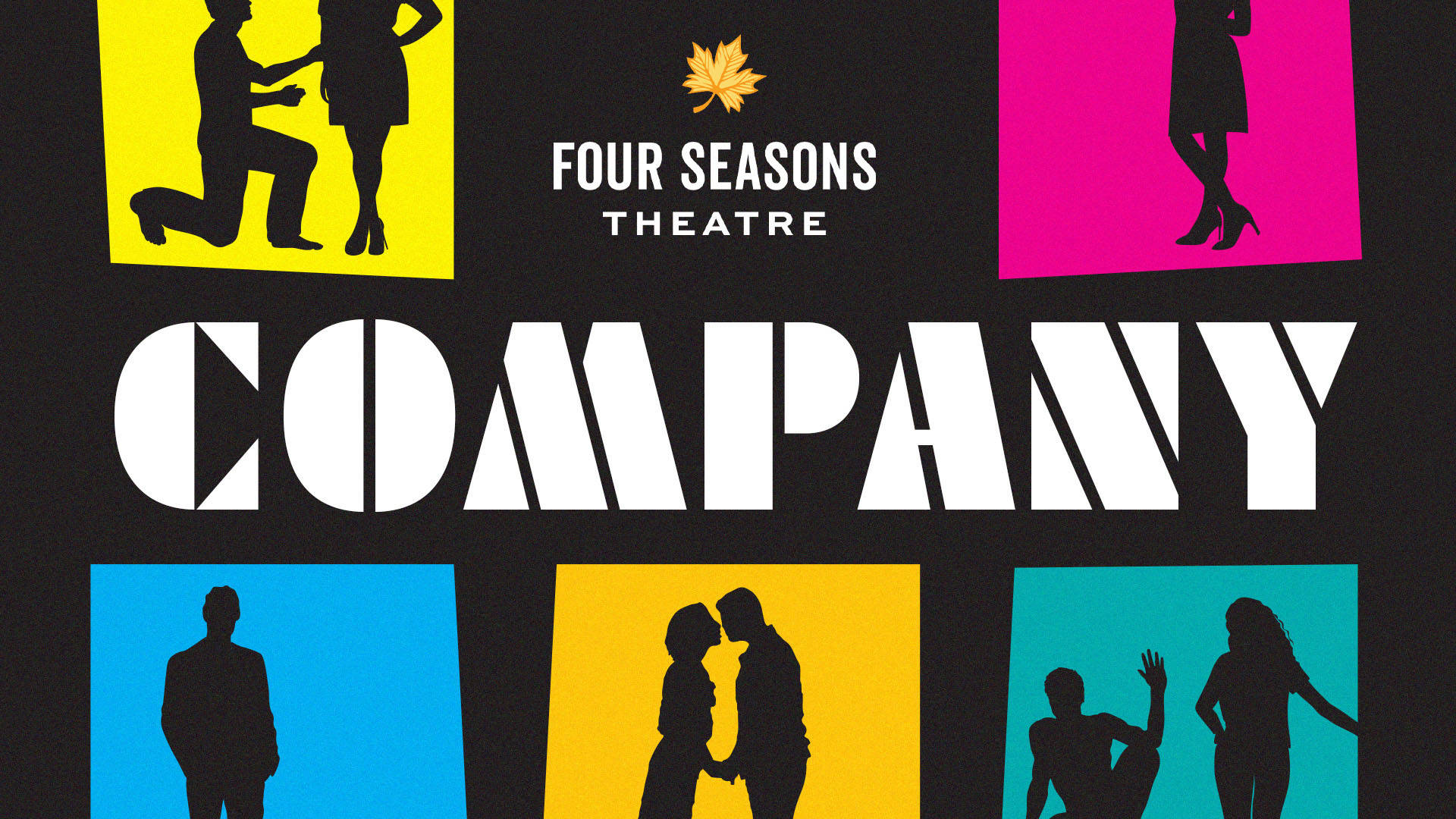 Banner text reads, "Four Seasons Theatre. Company" on black background. Colorful squares contain black silouettes of people in various poses.