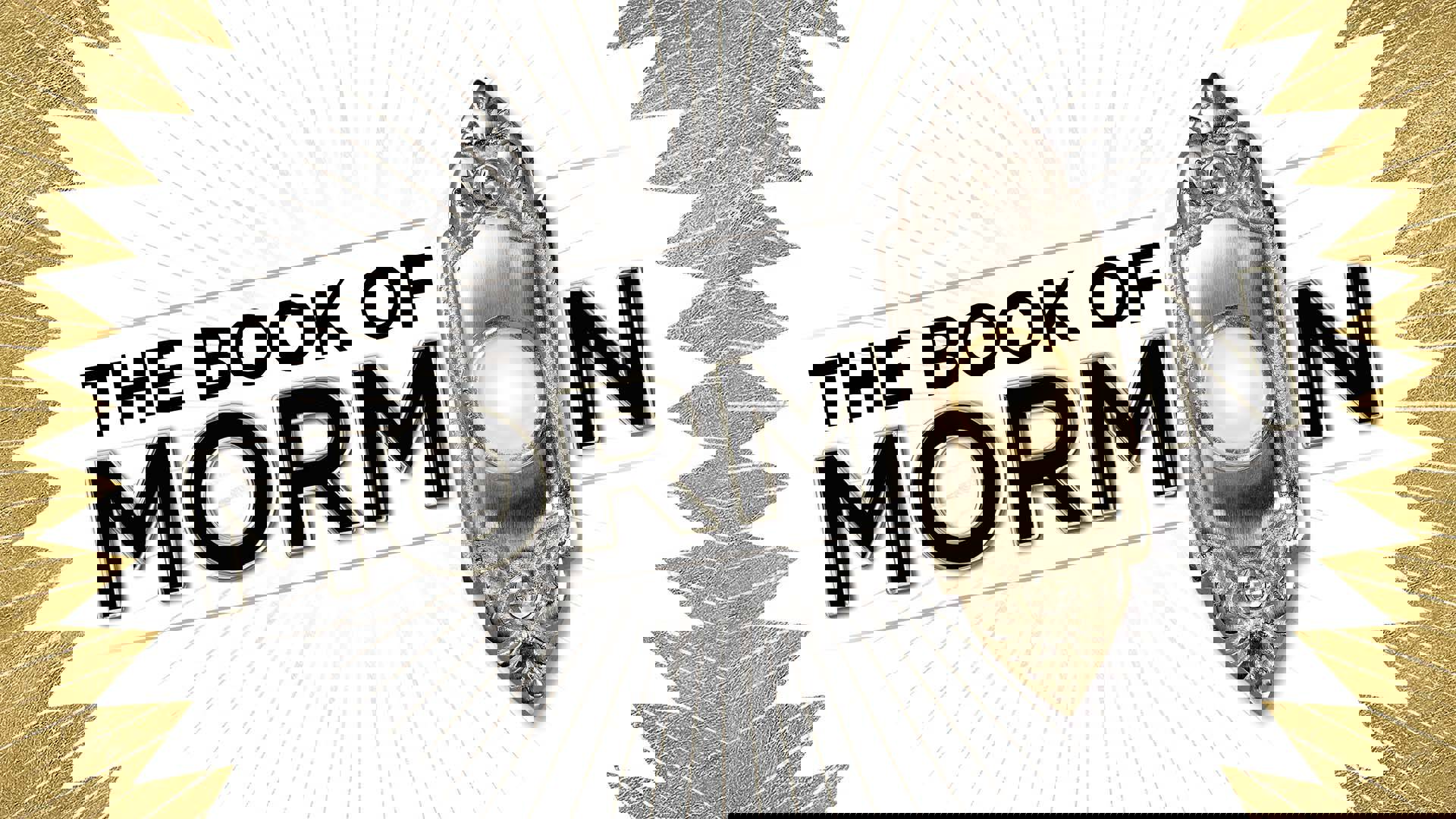 A white banner with gold accents that reads: "The Book of Mormon" in bold black font with a vintage silver doorbell with a pearl button appearing as "O" at the end of "Mormon."