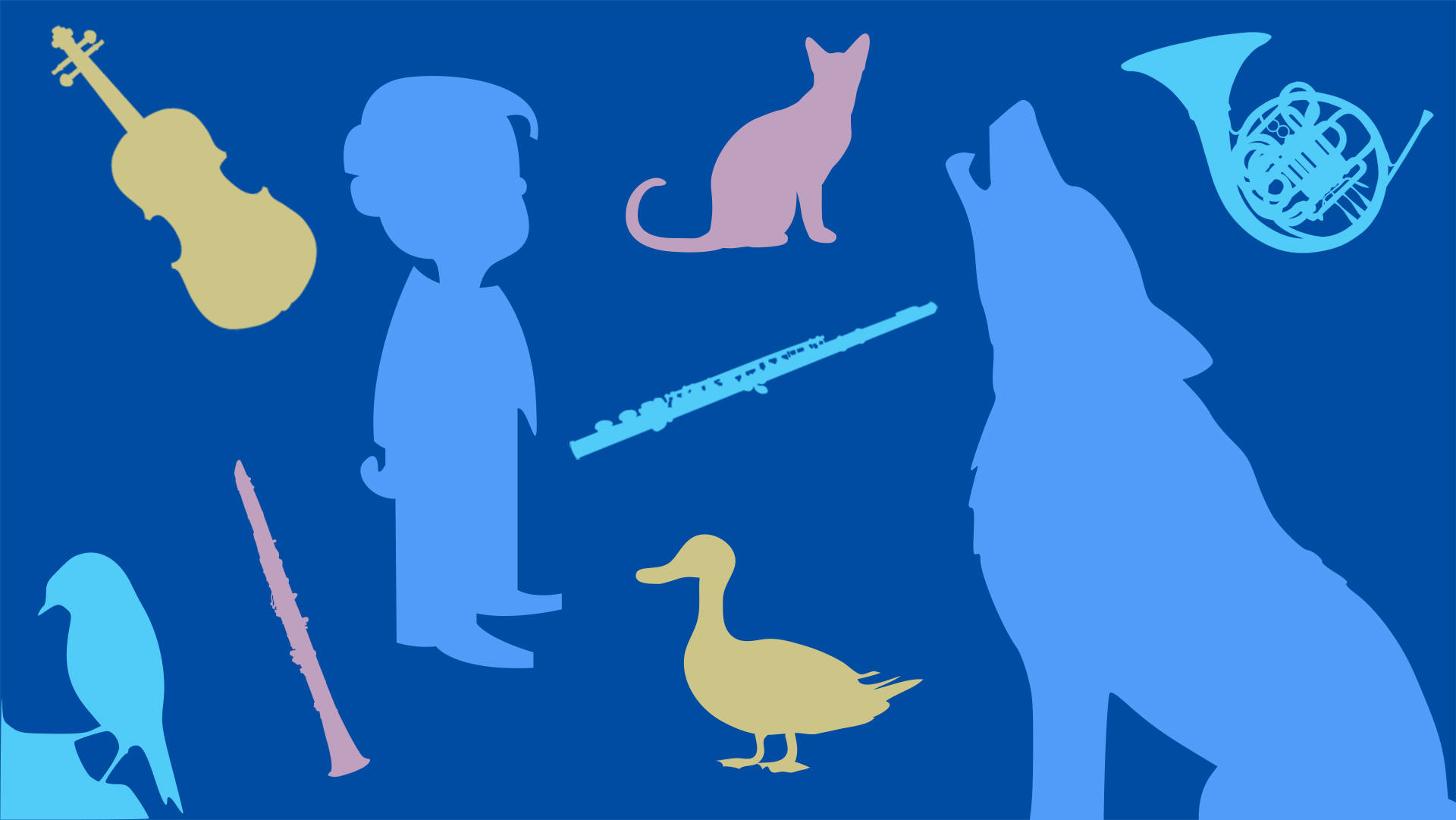 A blue banner with graphic silhouettes in pink, yellow and light blue of a young boy, a howling wolf, a duck, a bird, a violin, oboe, flute, french horn and cat.