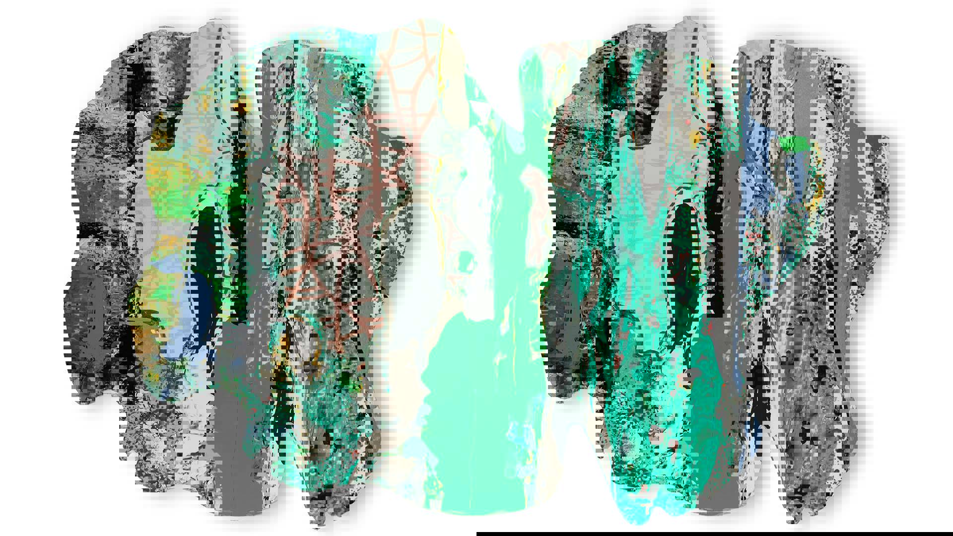 Abstract greens, tans, greys and blues painted on a uniquely shaped palette.