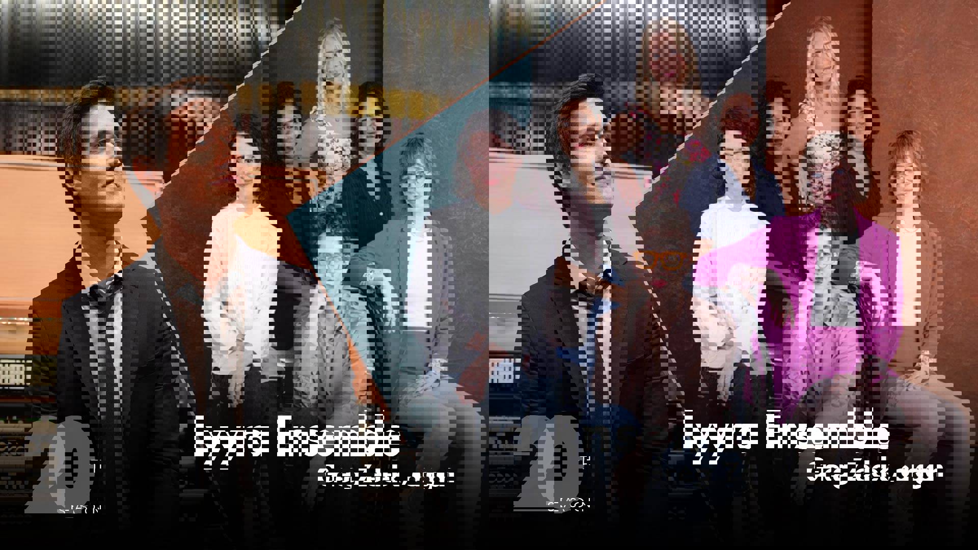 Photo collage that reads: "Lyyra Ensemble with Greg Zelek, organ." Two images, one of Greg Zelek and young caucasian man with short brown hair in a black suit. The other image shows a group of six women in dress clothes sitting together.