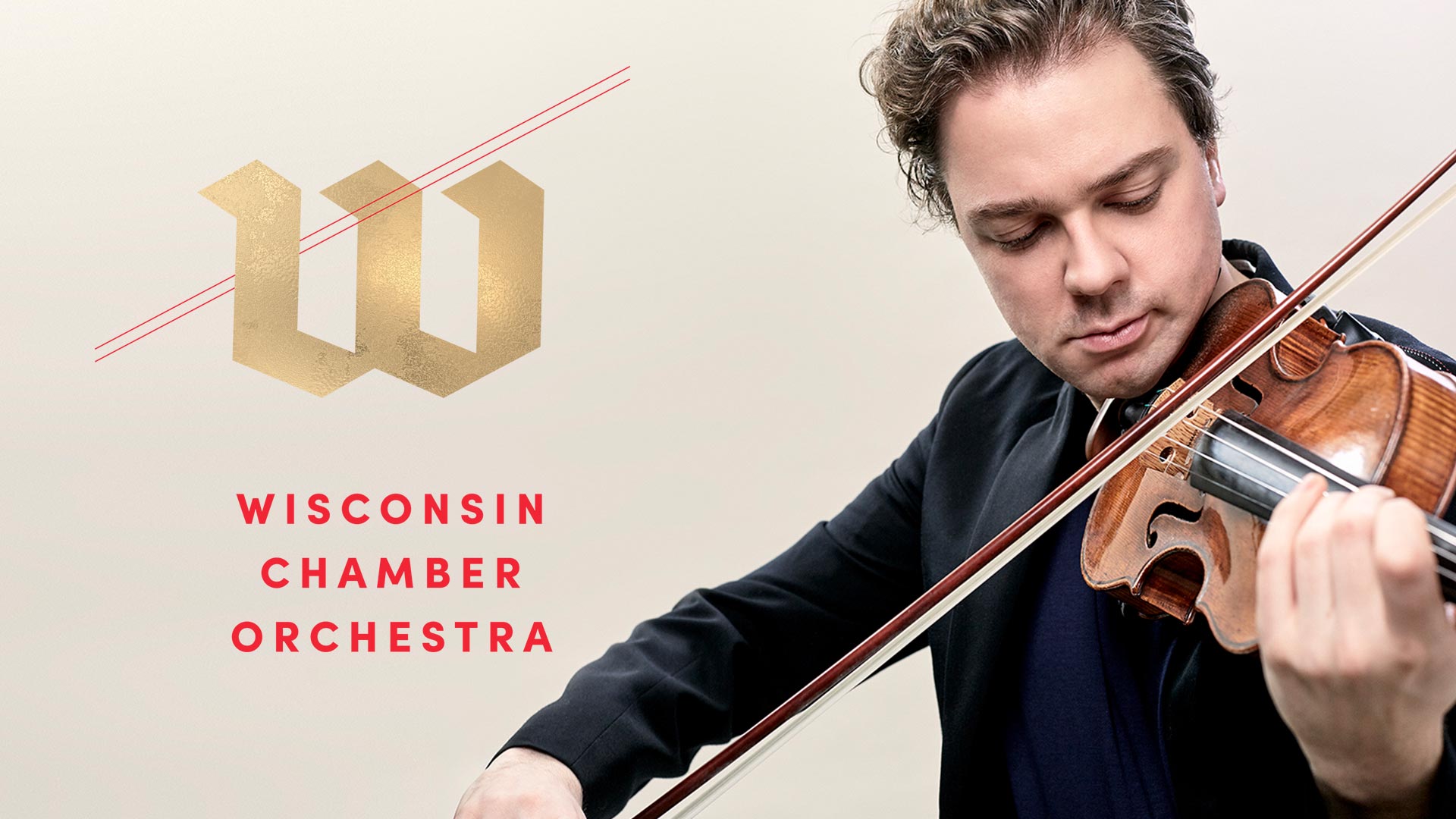 Banner text reads: Wisconsin Chamber Orchestra. A white man with short brown hair playing a violin.